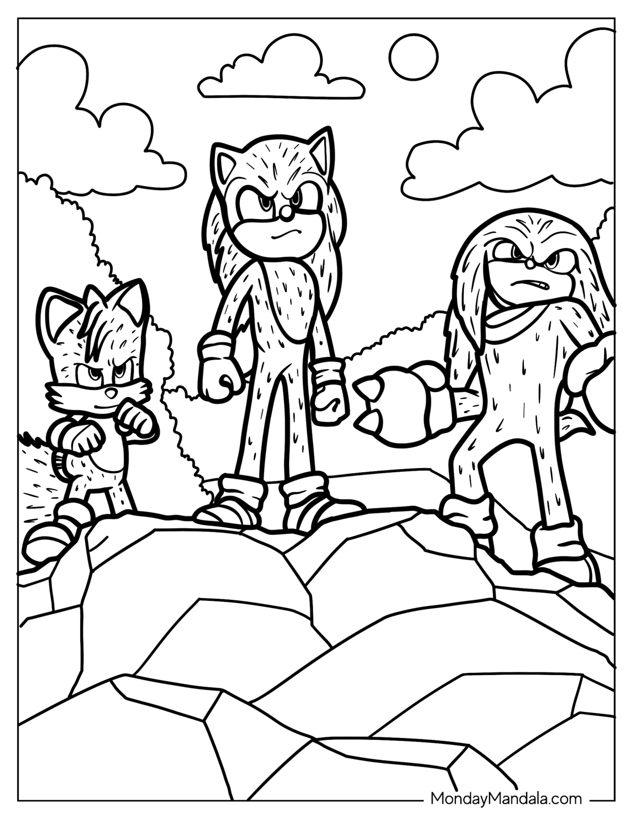 Detailed Sonic,, Knuckles, And Tails Coloring Page Standing On Cliff