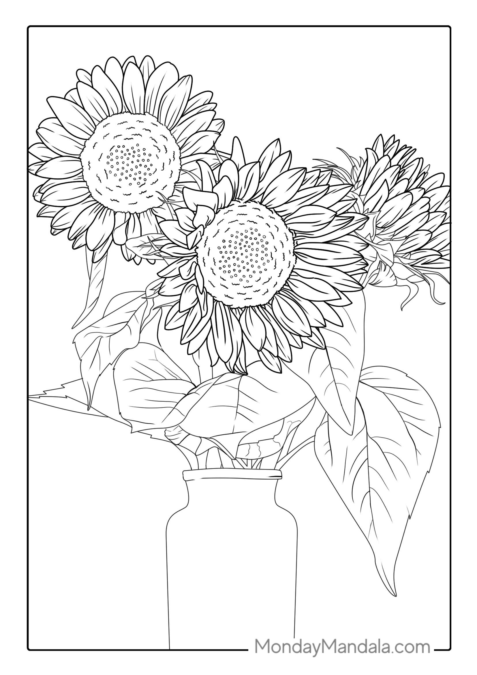 Detailed Sunflowers In Vase For Coloring