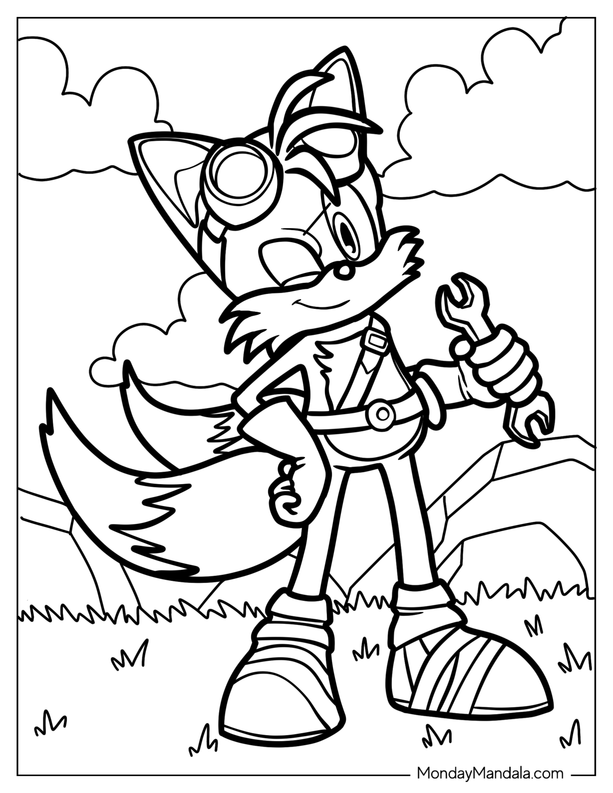 Detailed Tails Coloring Page With Goggles and Wrench