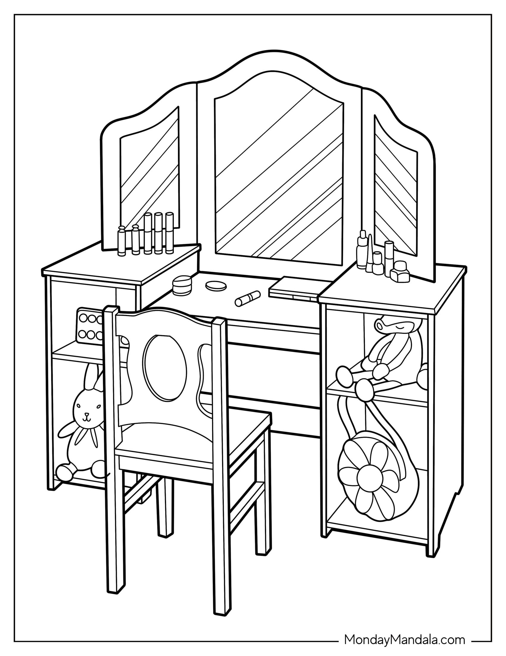 Detailed Vanity Desk With Trifold Mirror, Stuffed Toys, And Makeup Coloring Page