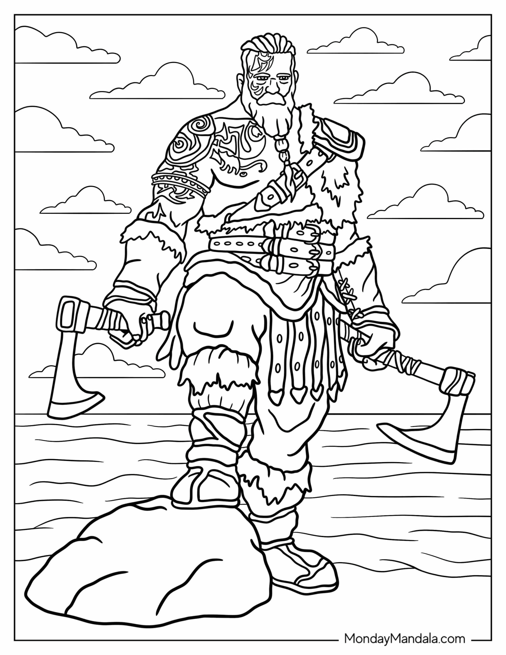 Detailed Viking Coloring Page Warrior With Two Battle Axes