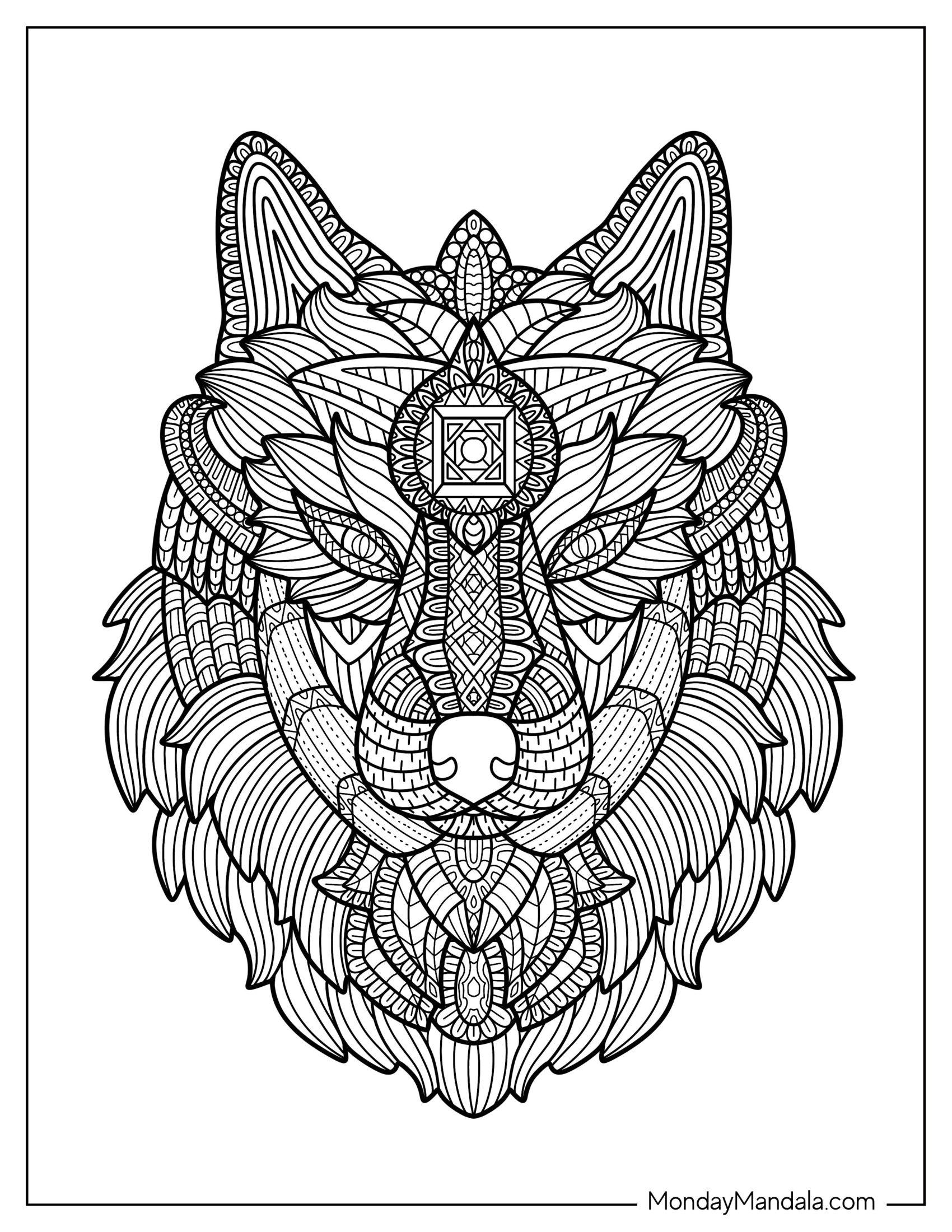 Detailed Wolf Coloring Page Mandala For Adults