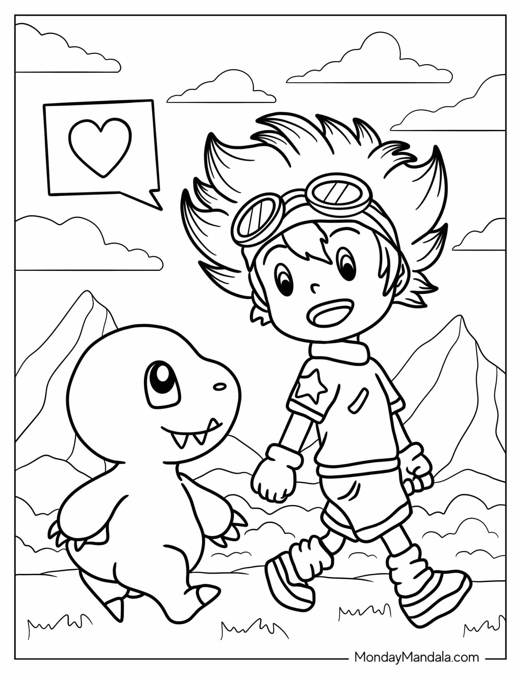 Digimon Coloring Page Of Kawaii Tai Kamiya Walking With Agumon