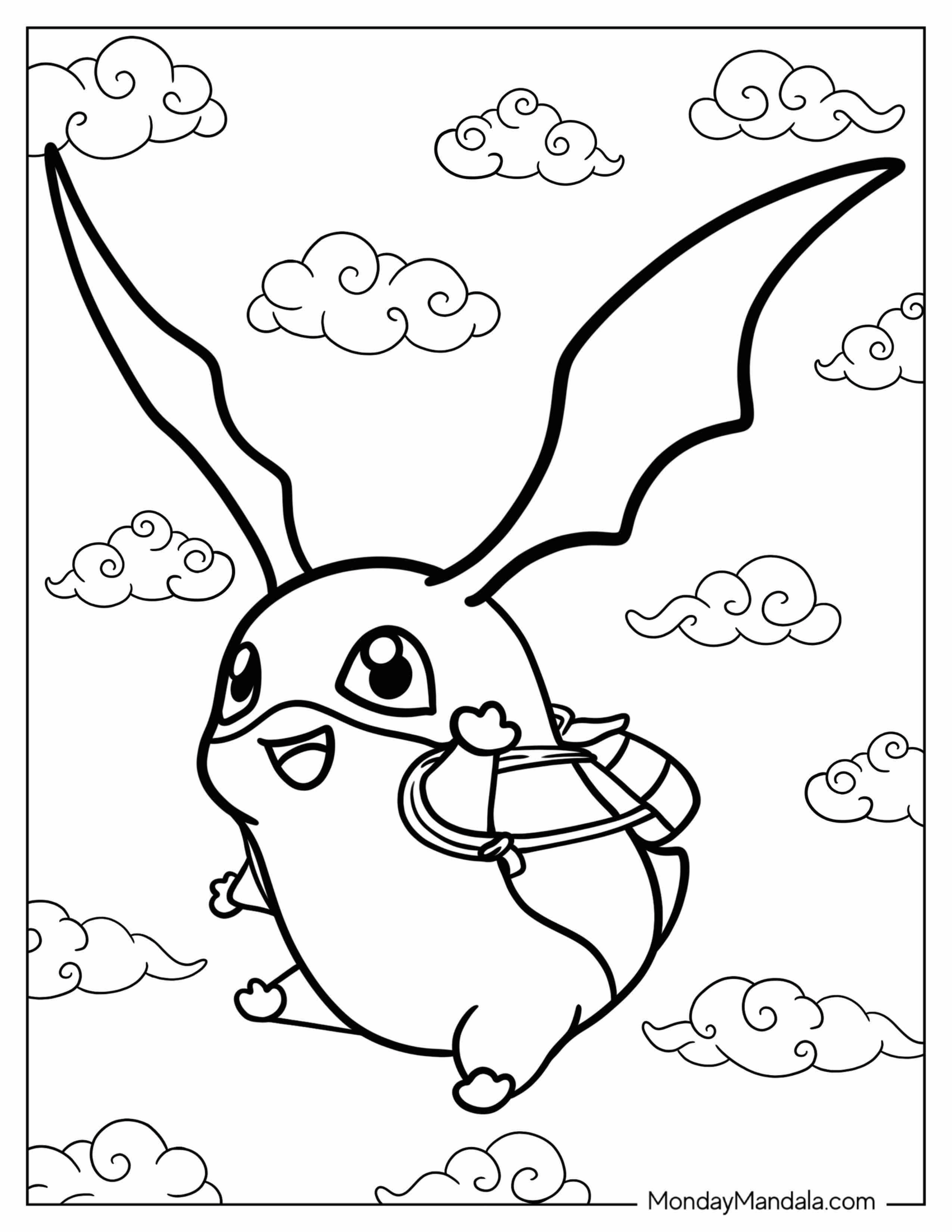 Digimon Coloring Page Of Patamon Flying In The Sky With Backpack