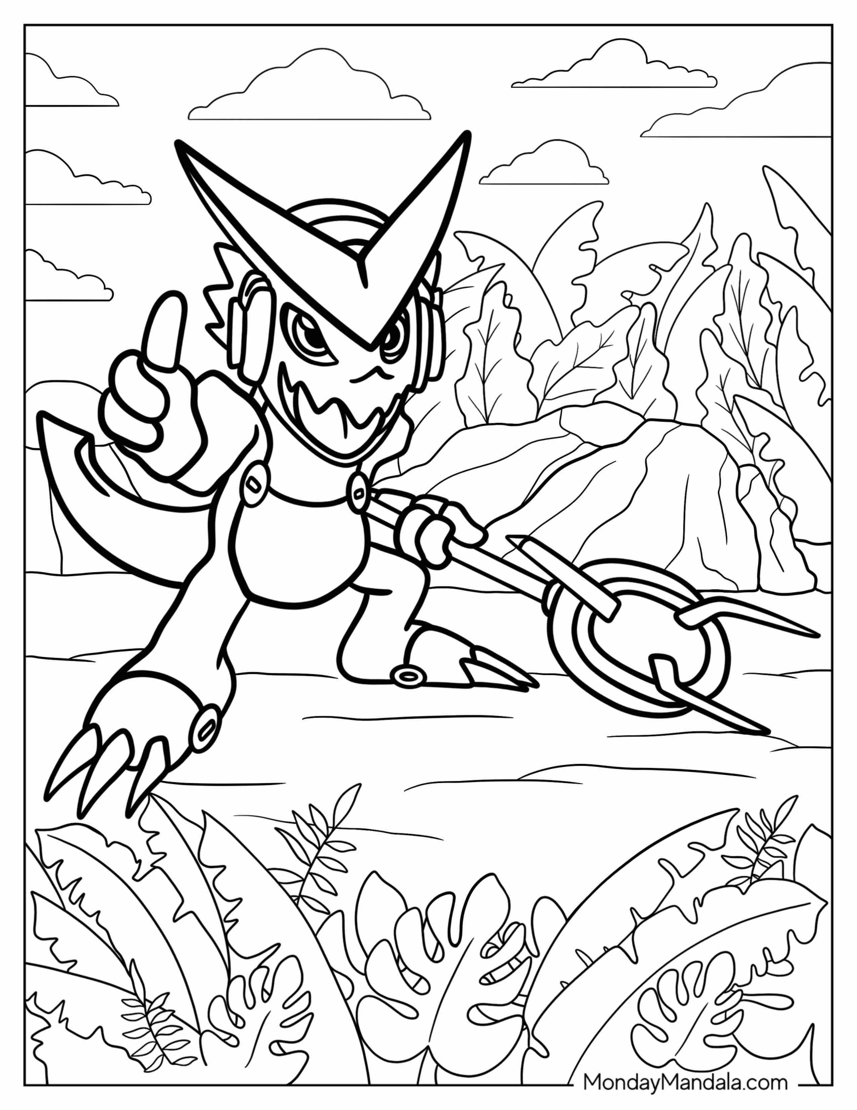 Digimon Coloring Page Of Simple Shoutmon Holding Weapon