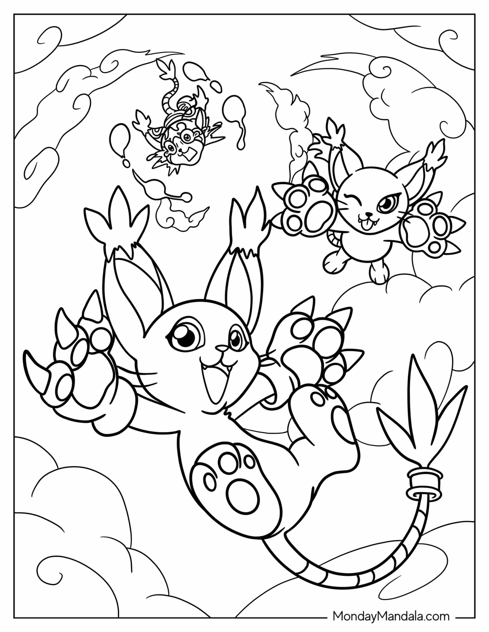 Digimon Coloring Page Of Tailmon, Blacktailmon, And Hornetstar Falling From Sky