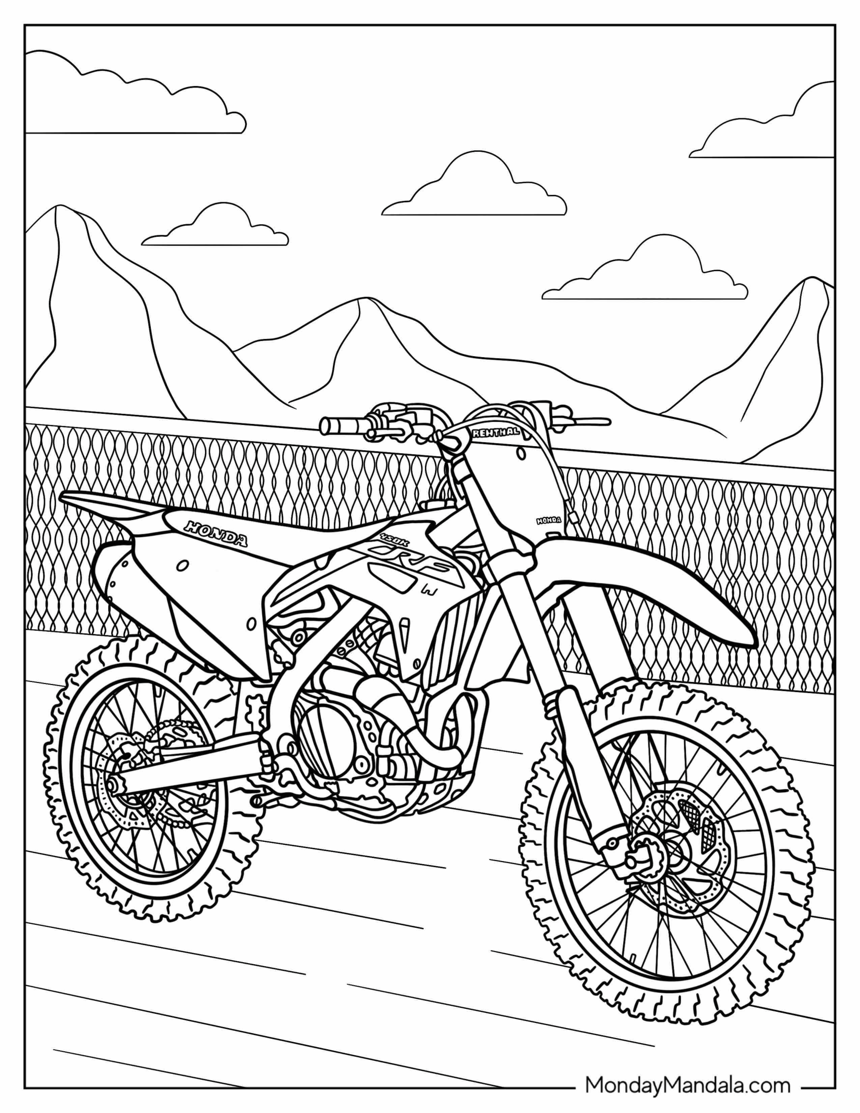 Dirt Bike Coloring Page Of Honda With Mountains In Background