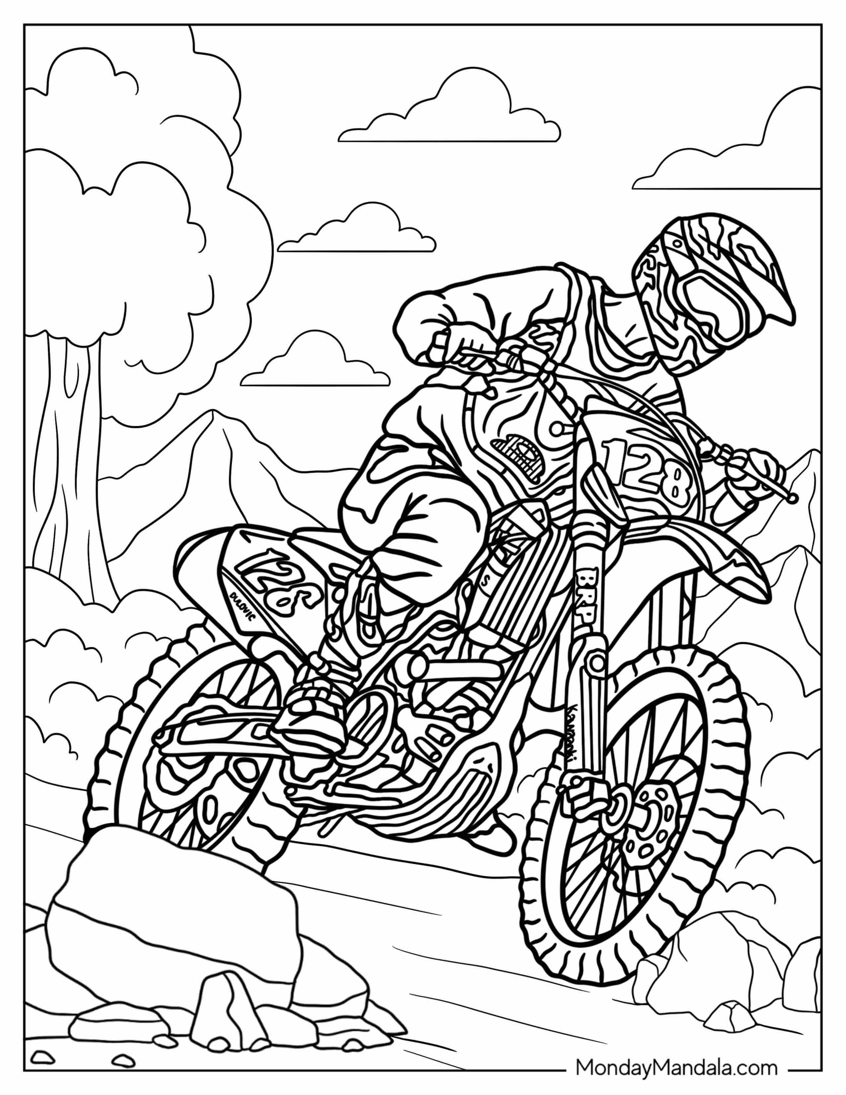 Dirt Bike Coloring Page Of Man Riding Kawasaki Downhill