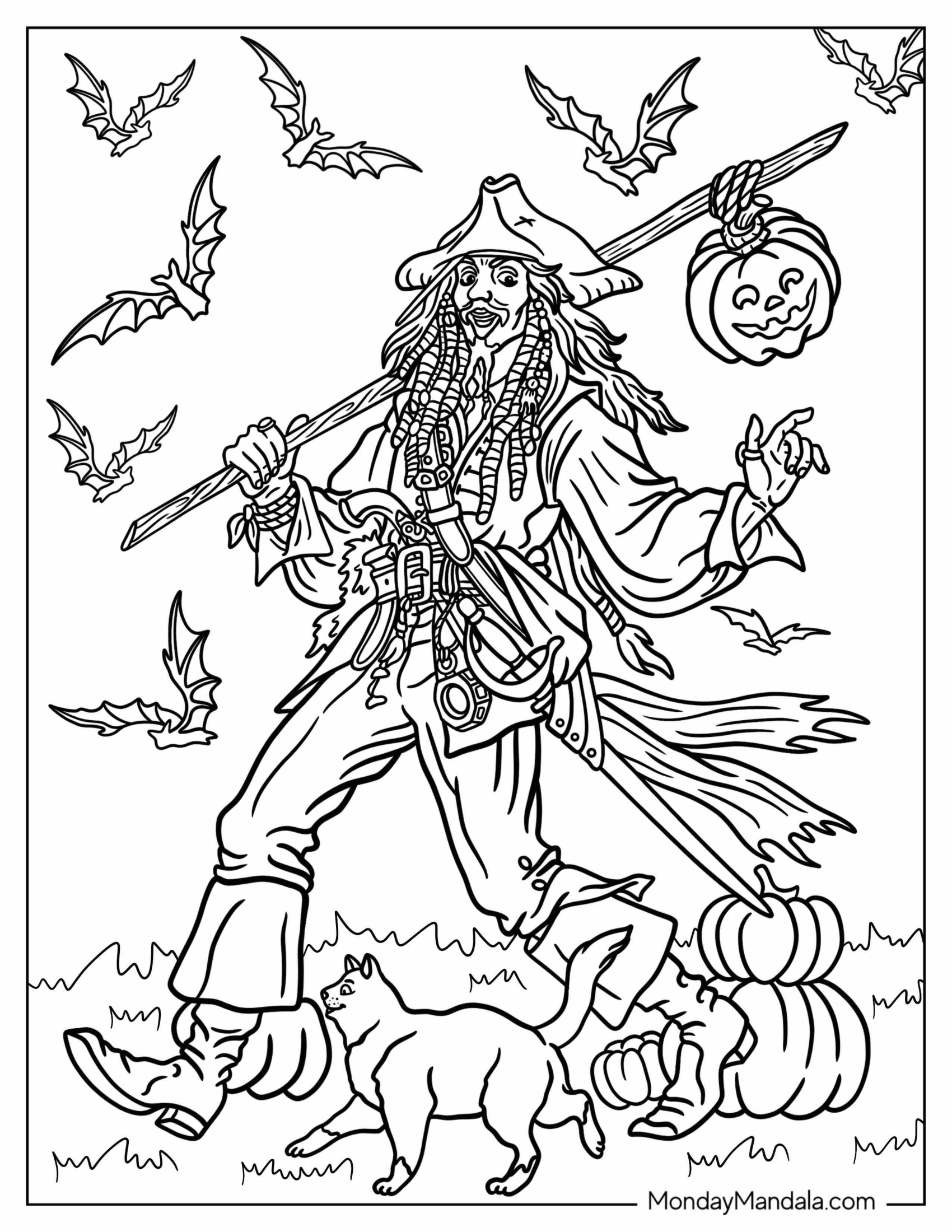 Disney Halloween Coloring Page Of Captain Jack Sparrow Carrying Jack O Lantern