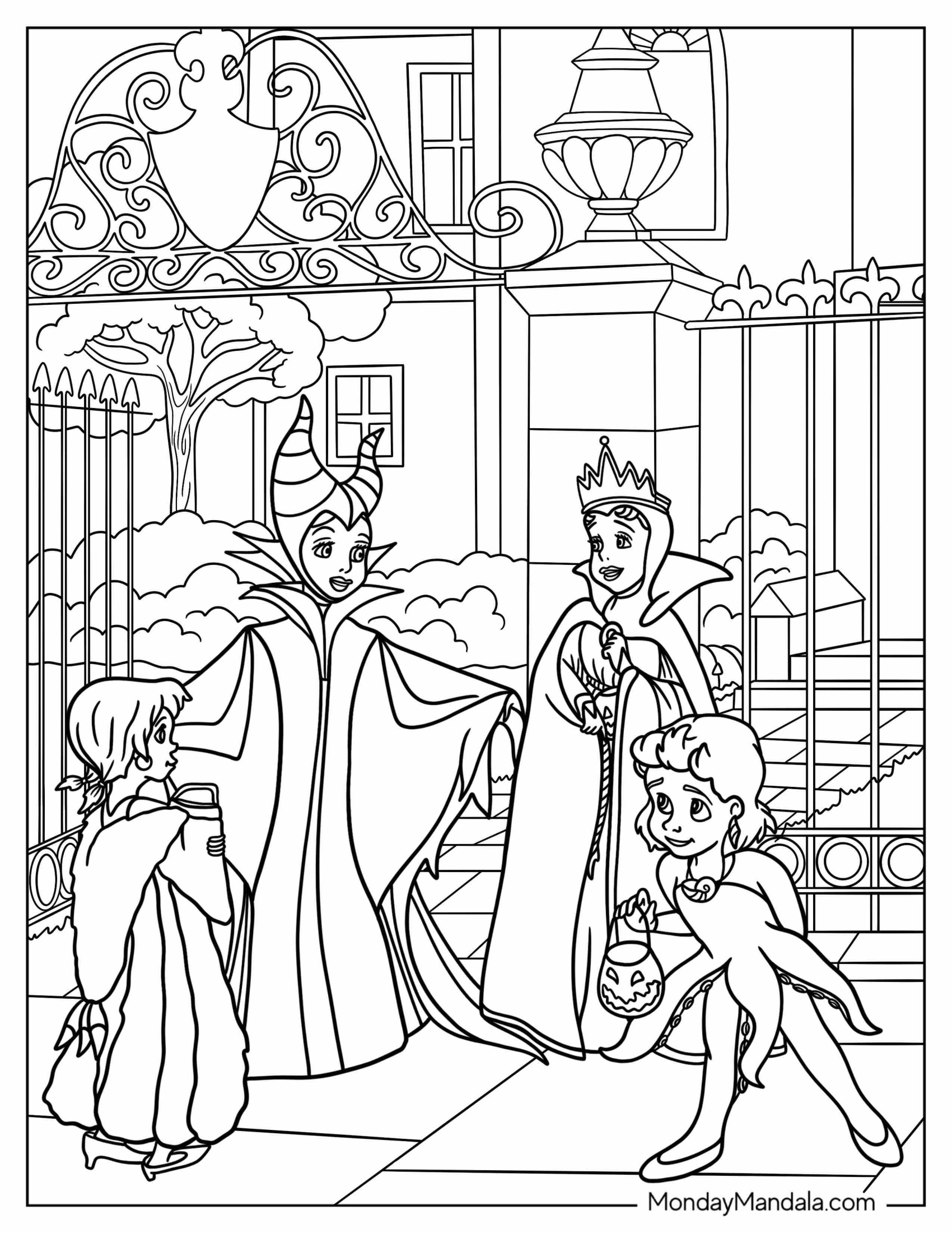 Disney Halloween Coloring Page Of Children In Villain Costumes Trick Or Treating For Kids