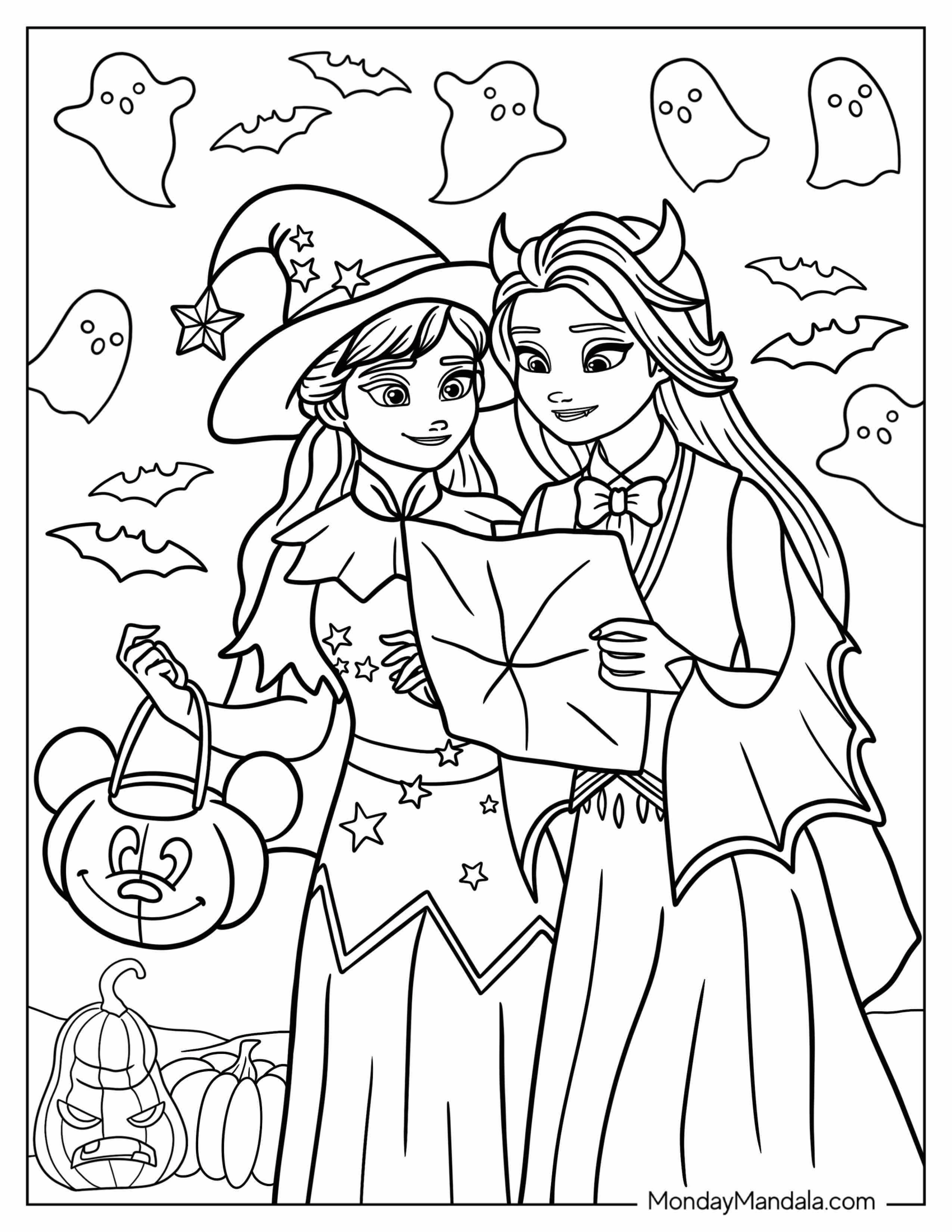 Disney Halloween Coloring Page Of Frozen Elsa And Anna Halloween Scavenger Hunt