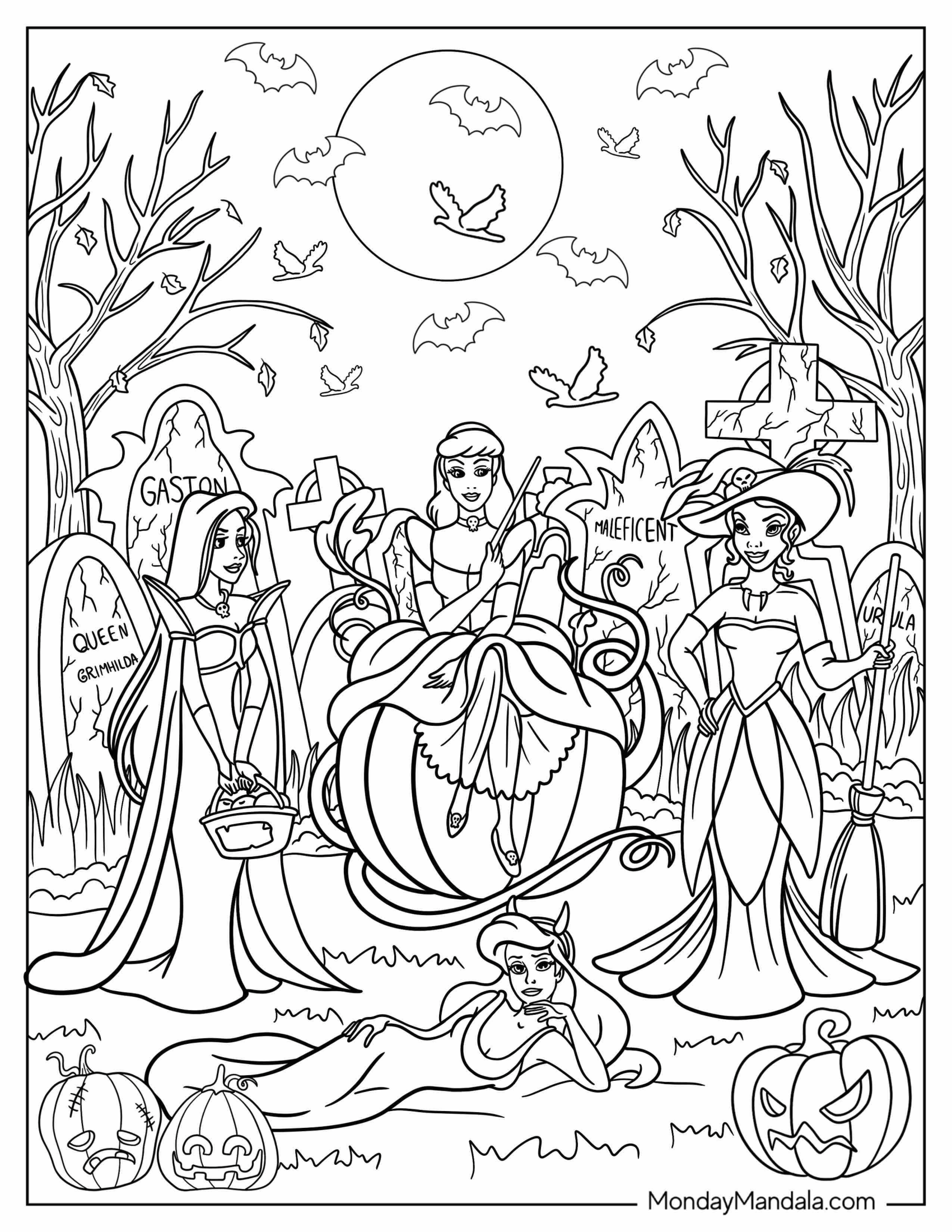 Disney Halloween Coloring Page Of Princesses In Graveyard