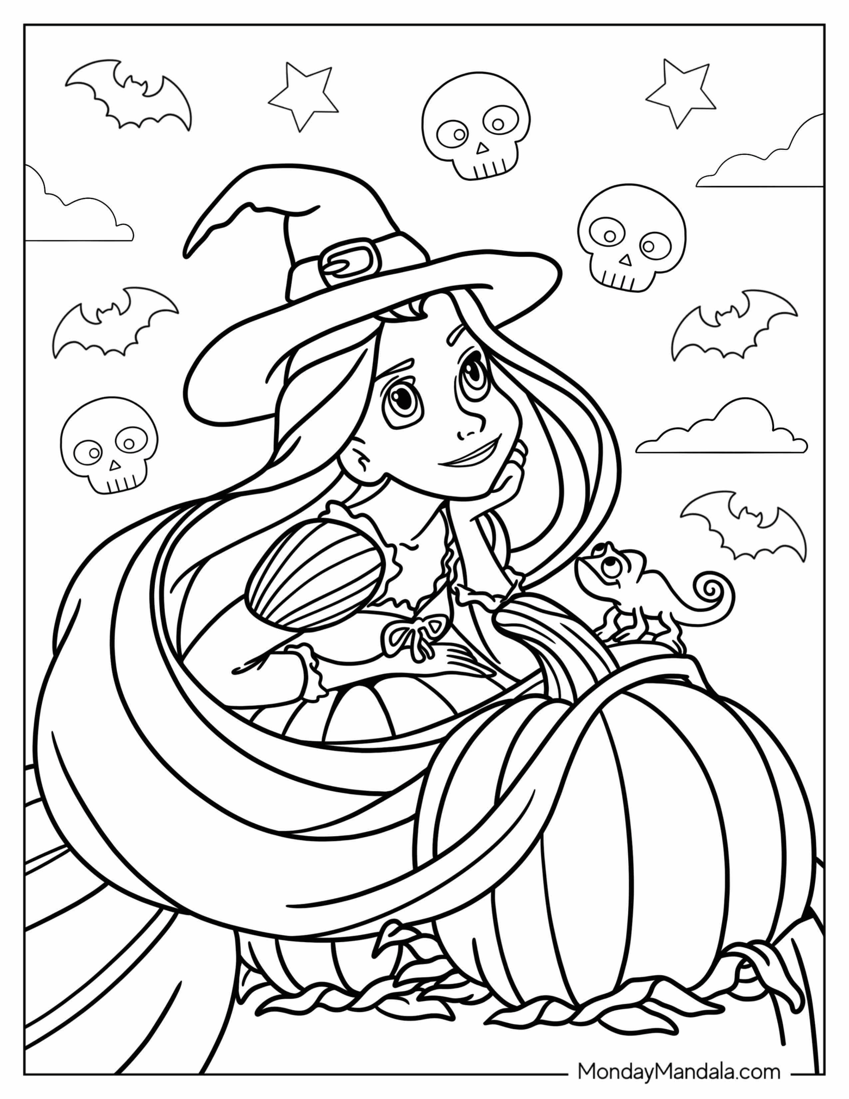 Disney Halloween Coloring Page Of Rapunzel Wearing Witch s Hat With Paco Holding Pumpkins