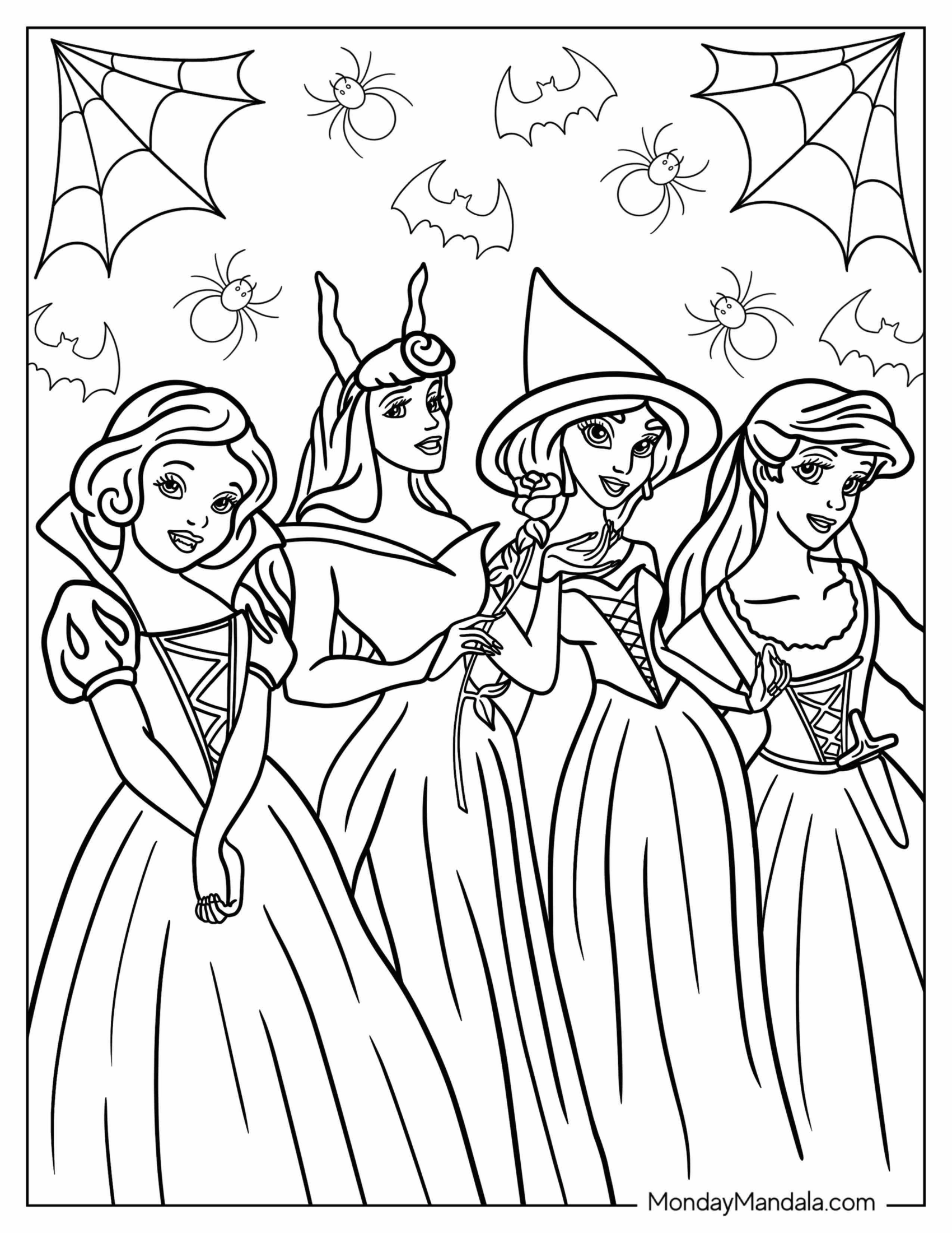 Disney Halloween Coloring Page Of Snow White, Aurora, Jasmine, And Ariel On Halloween