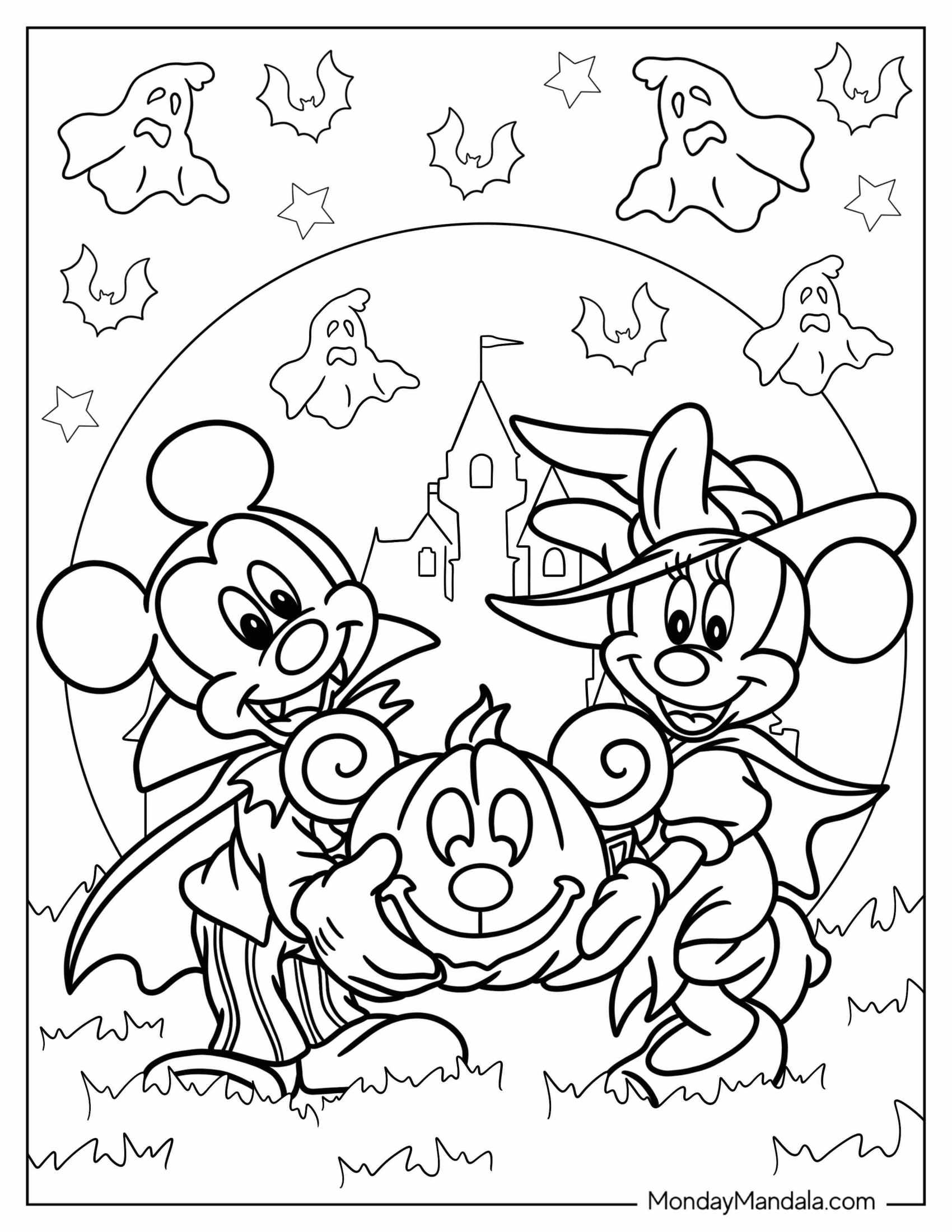 Disney Halloween Coloring Page Of Vampire Mickey Mouse And Witch Minnie Mouse Holding Jack O Lantern