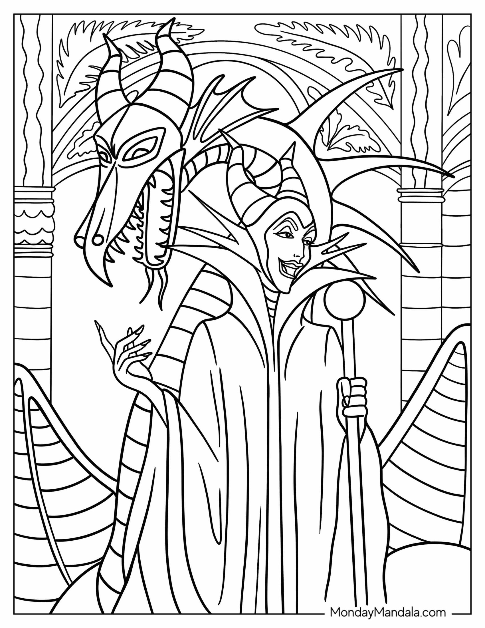 Disney Maleficent Coloring Page Smiling With Dragon Behind Her