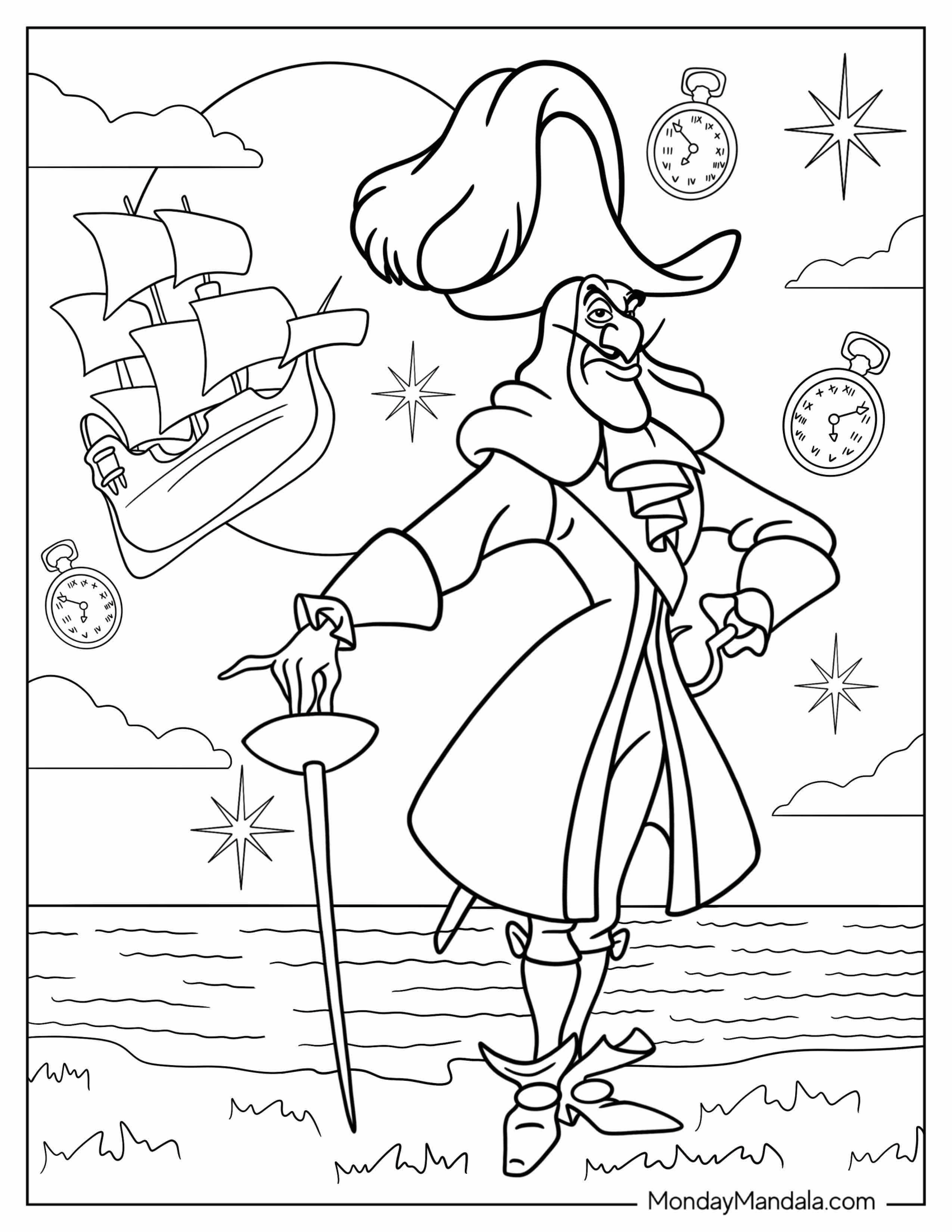 Disney Villain Coloring Page Of Captain Hook With Flying Ship In Background