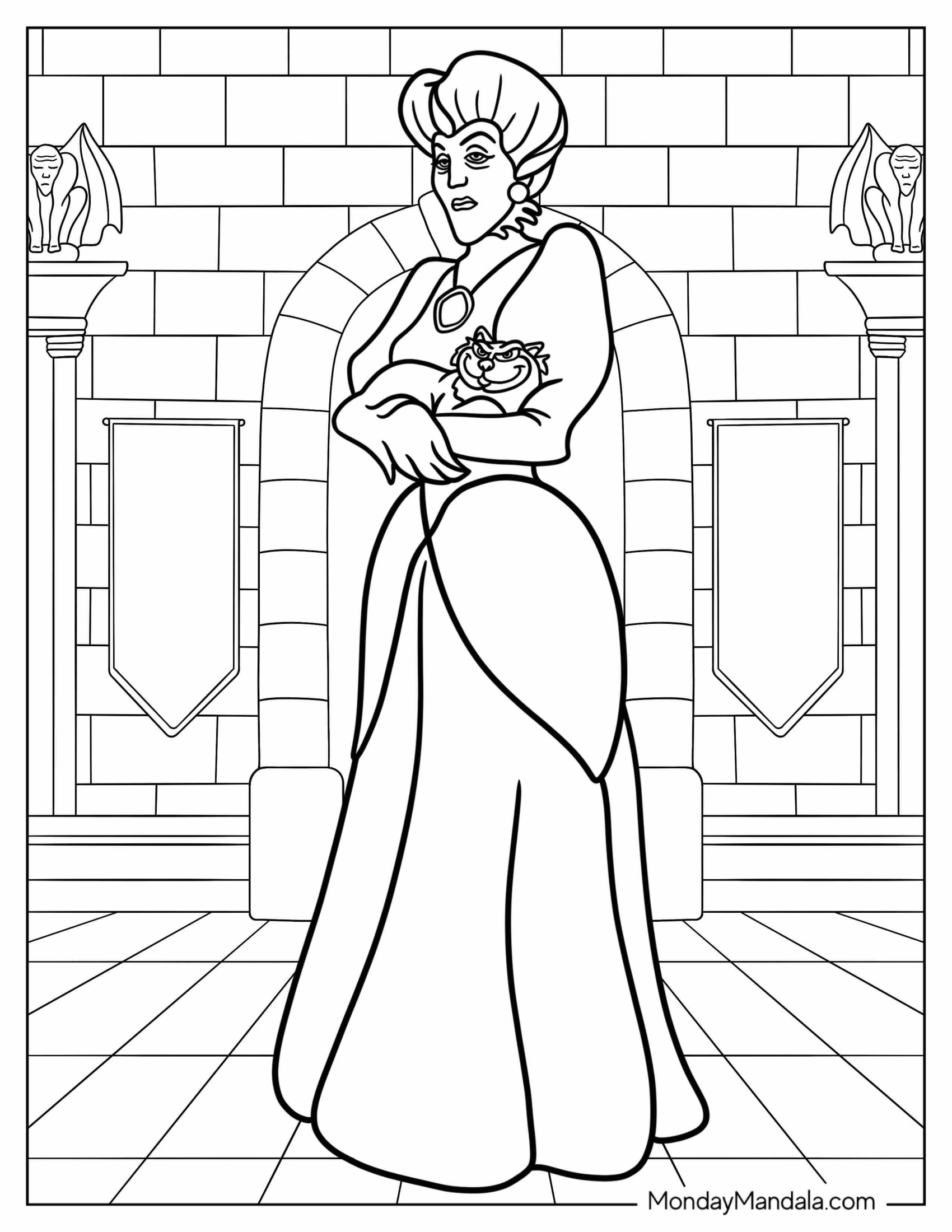 Disney Villain Coloring Page Of Lady Tremaine Carrying Cat