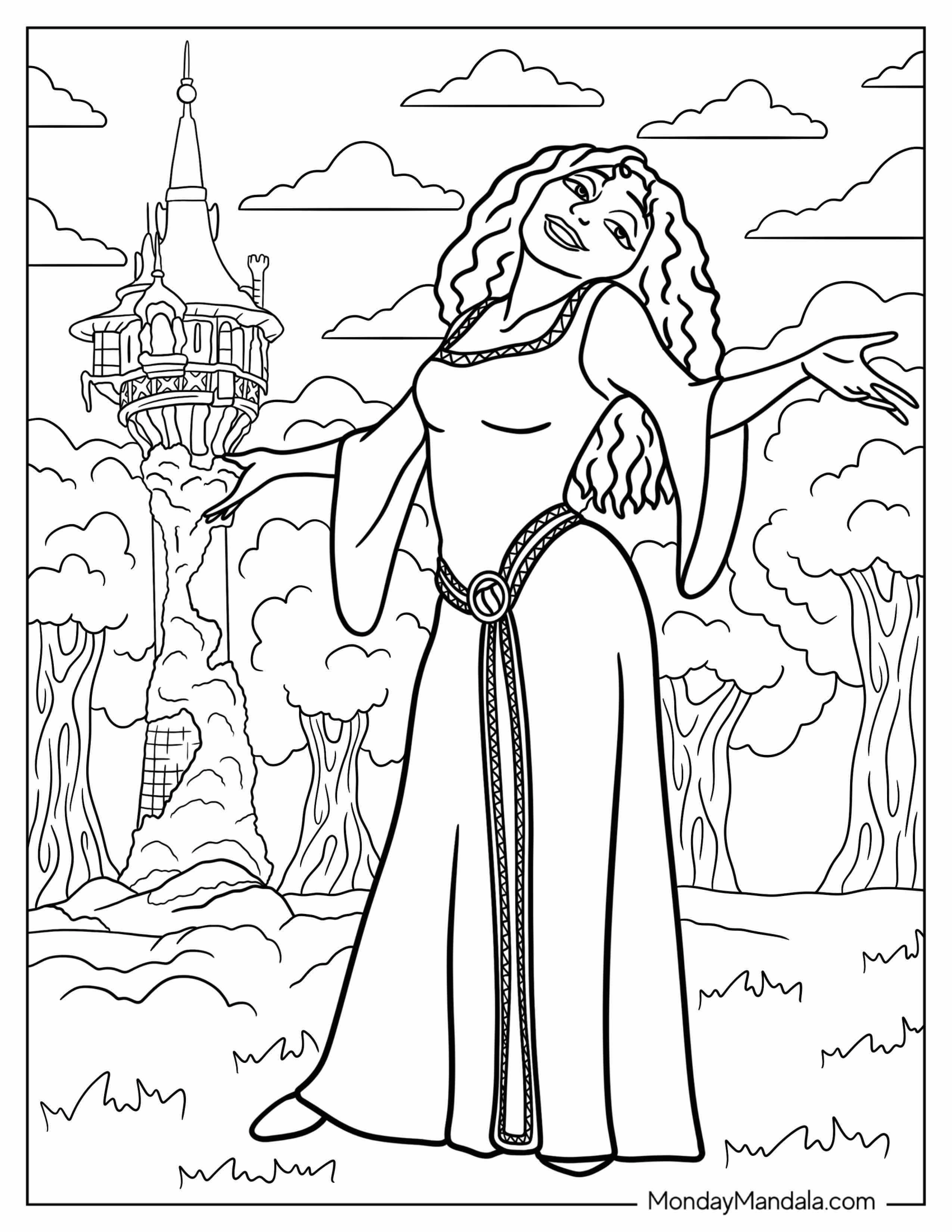 Disney Villain Coloring Page Of Mother Gothel Standing Outside Rapunzel's Tower