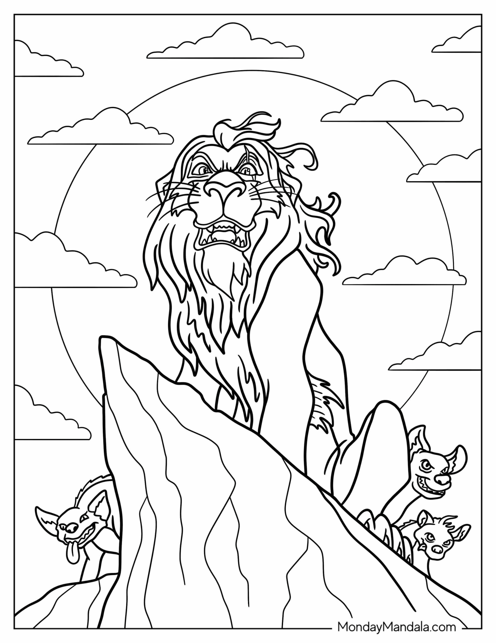 Disney Villain Coloring Page Of Scar On Cliff With Hyenas