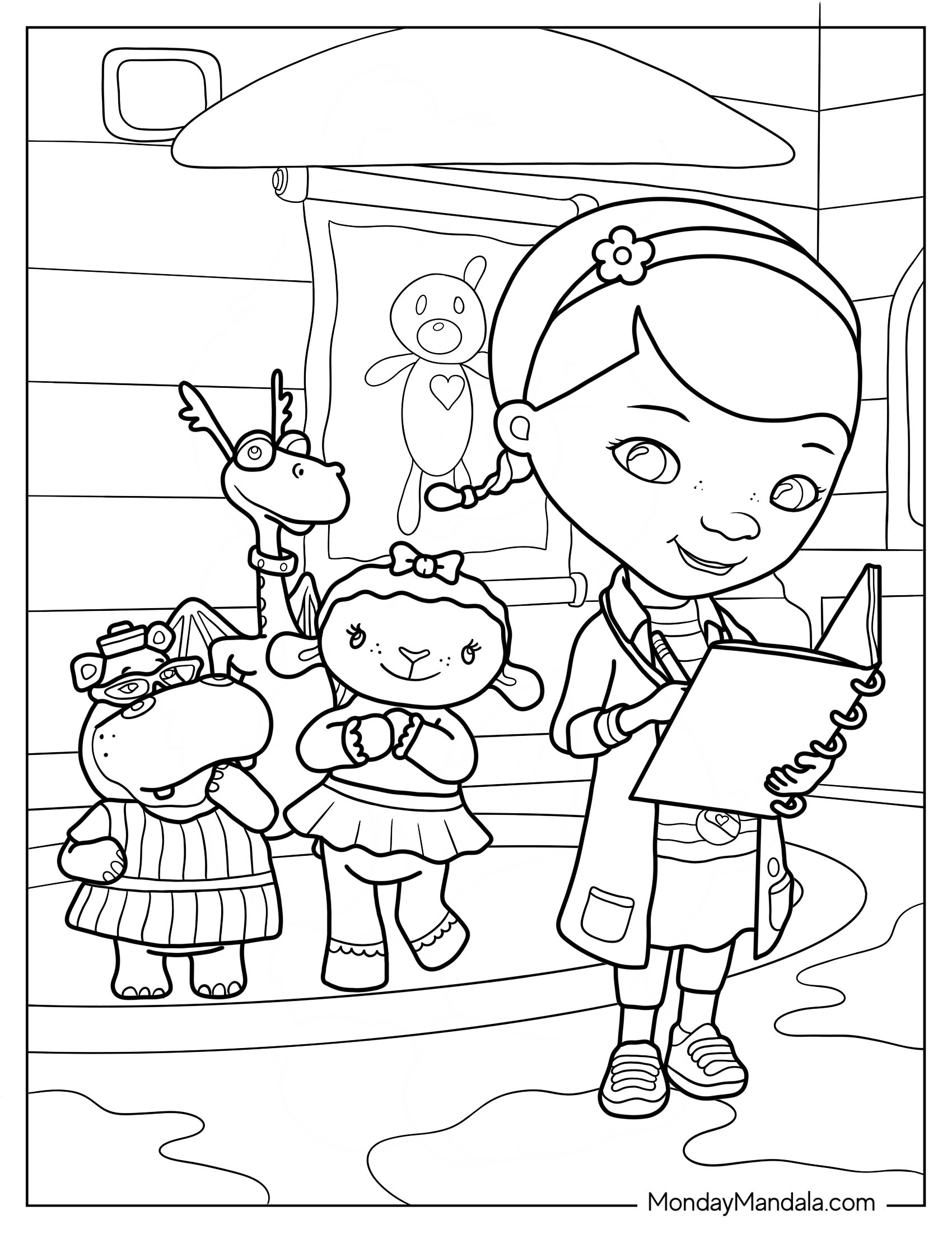 Doc McStuffins Coloring Page Of With Lambie, Hallie, And Stuffy In Toy Hospital