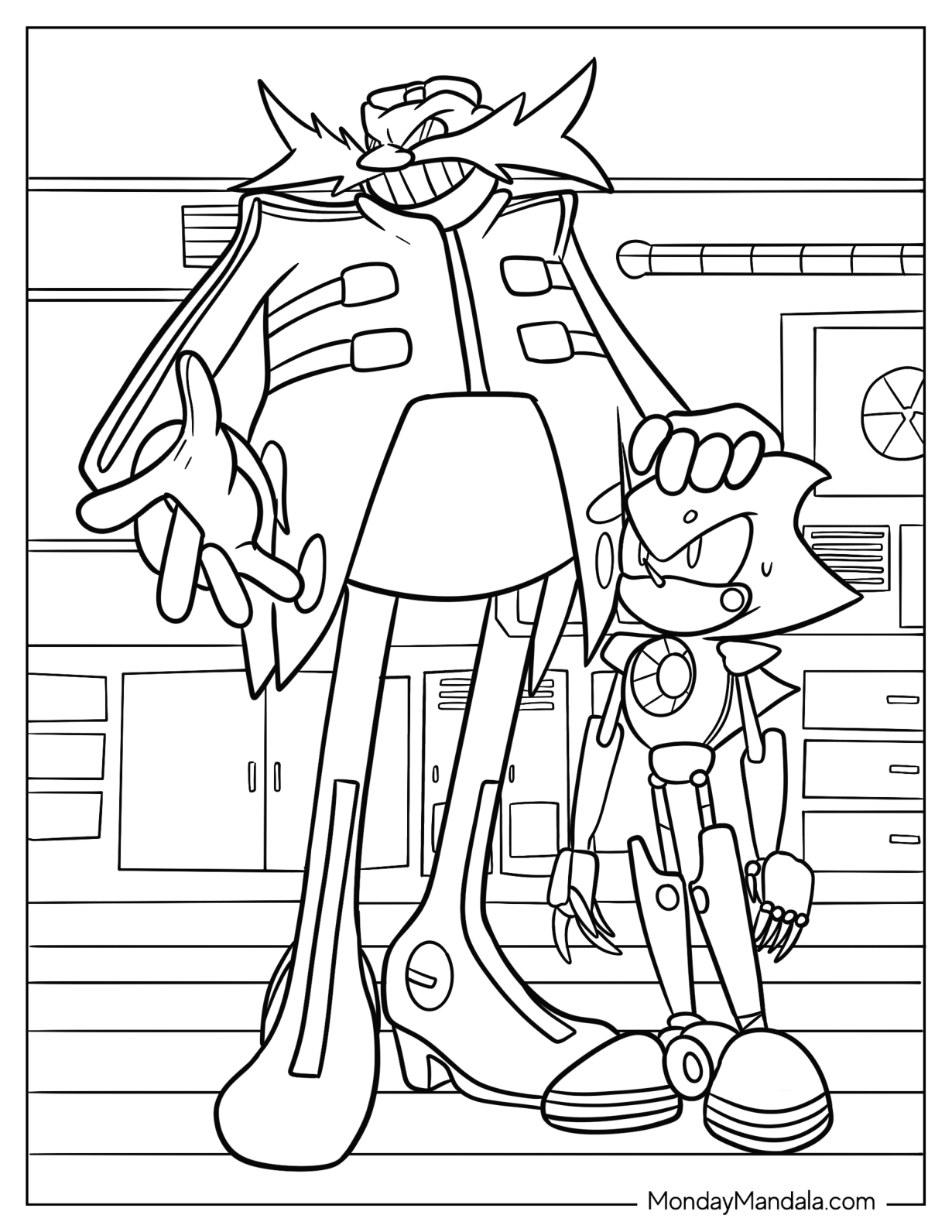 Doctor Eggman Petting Metal Sonic Coloring Page In Laboratory