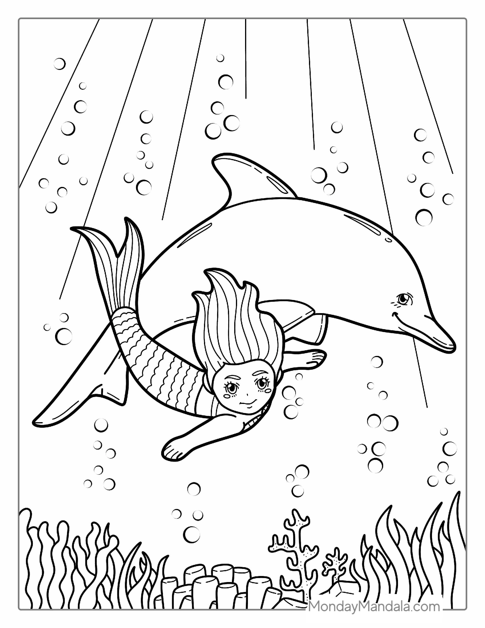 Dolphin And Mermaid Coloring Page For Kids