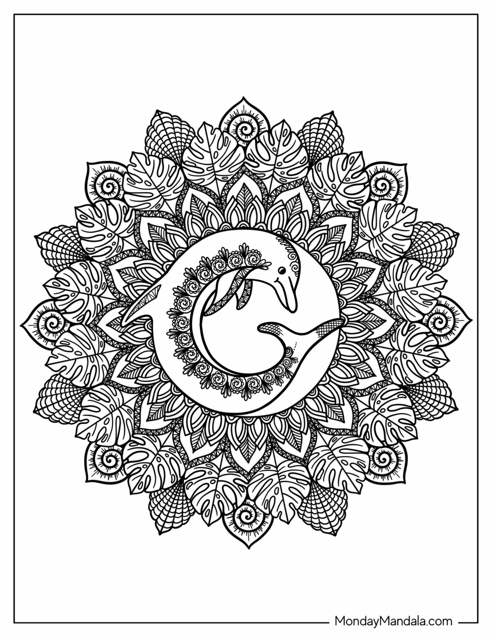 Dolphin Inside Leaves Mandala Coloring Sheet