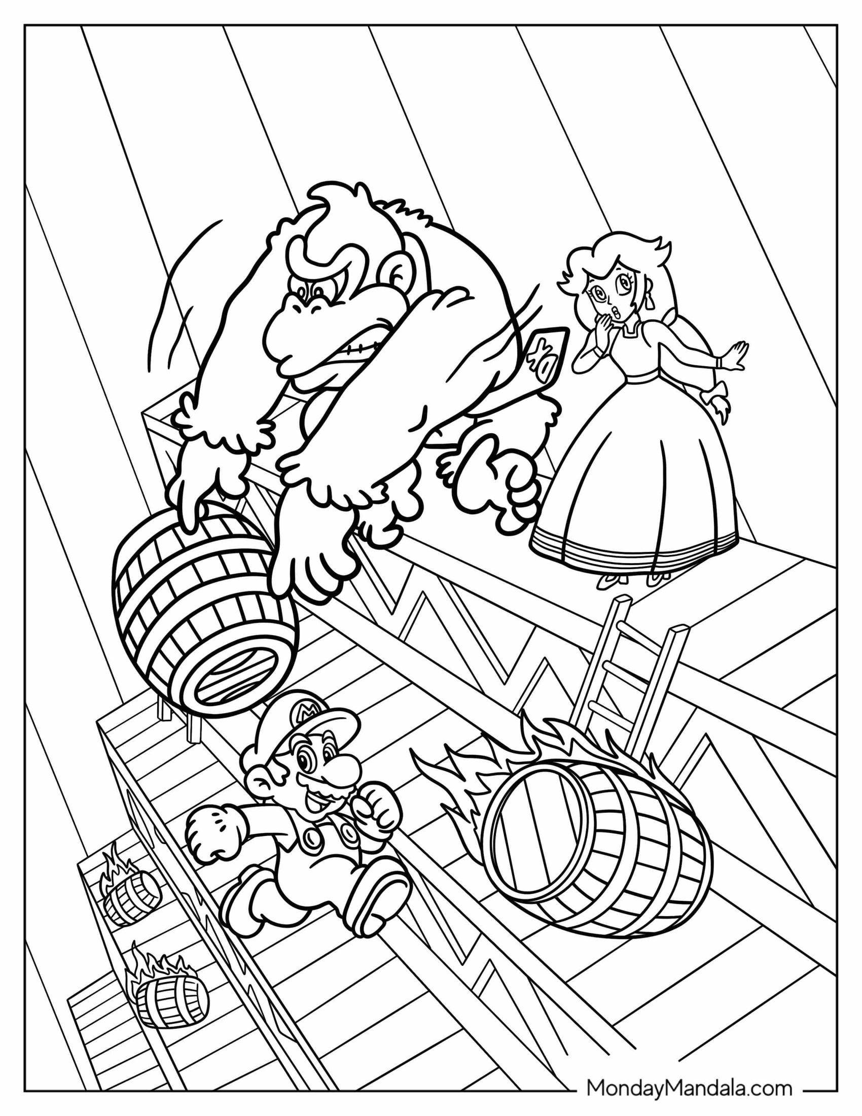 Donkey Kong Throwing Barrels At Super Mario To Color