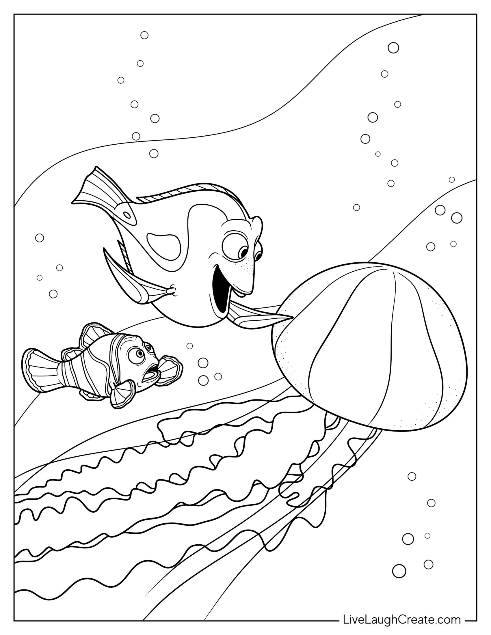 Dory And Marlin Swimming With Jellyfish Coloring Page