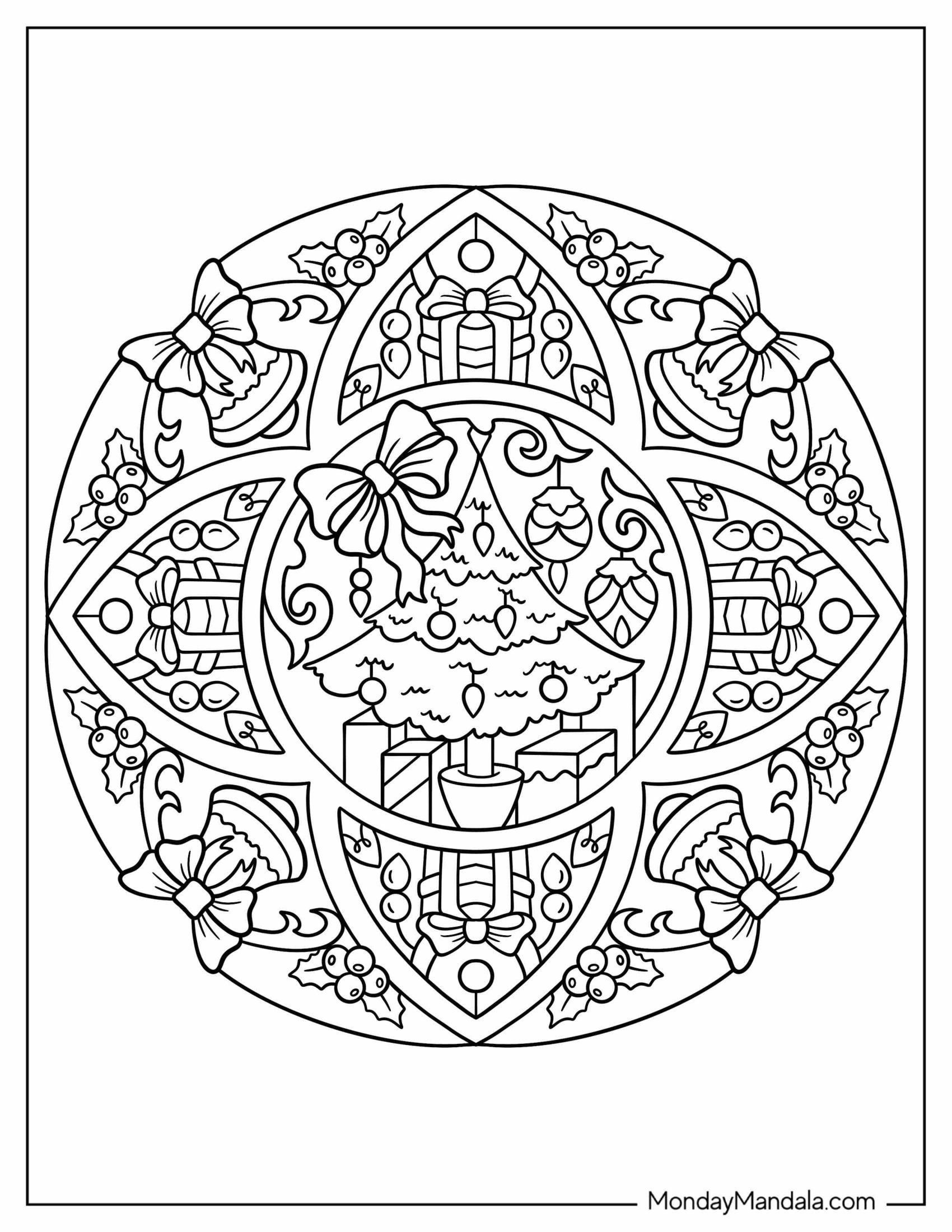 Easy Christmas Mandala With Trees And Presents Coloring Sheet