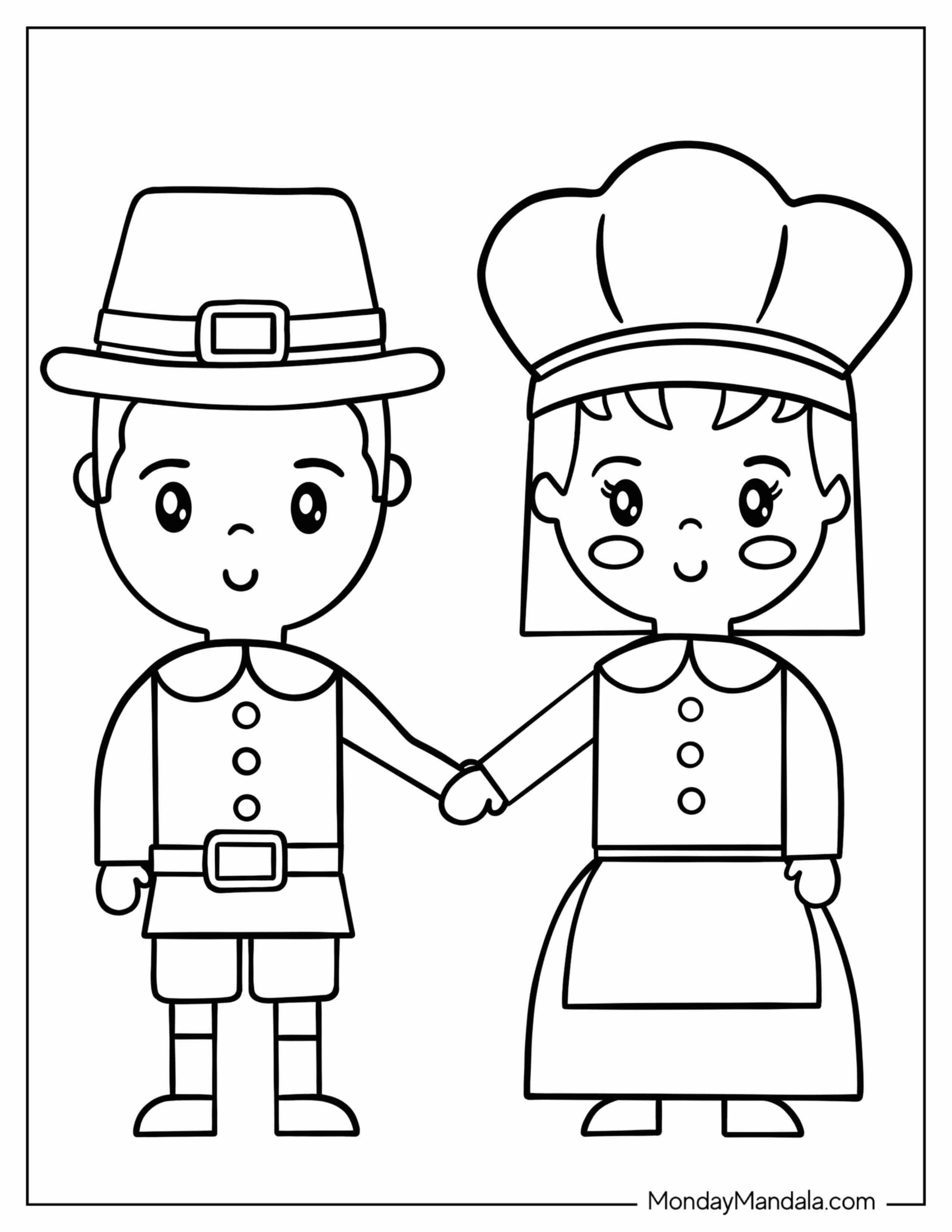 Easy Coloring Sheet Of Boy And Girl In Thanksgiving Costumes