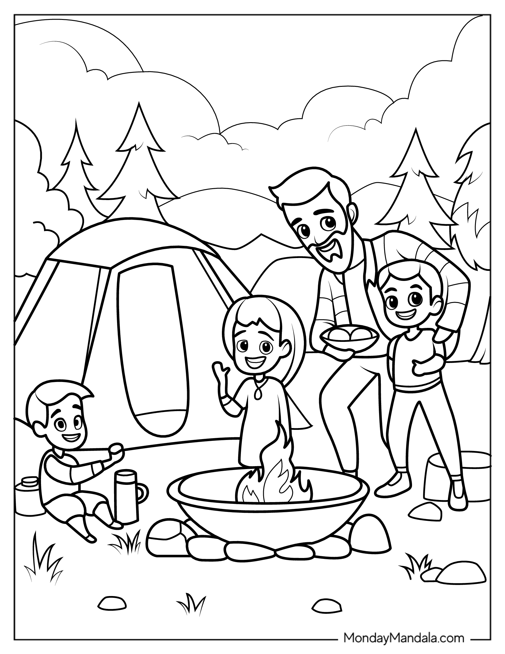 Easy Coloring Sheet Of Family Camping