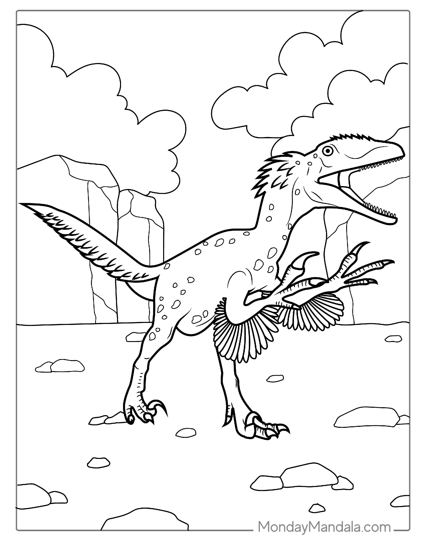 Easy Feathered Velociraptor Dinosaur Coloring Page