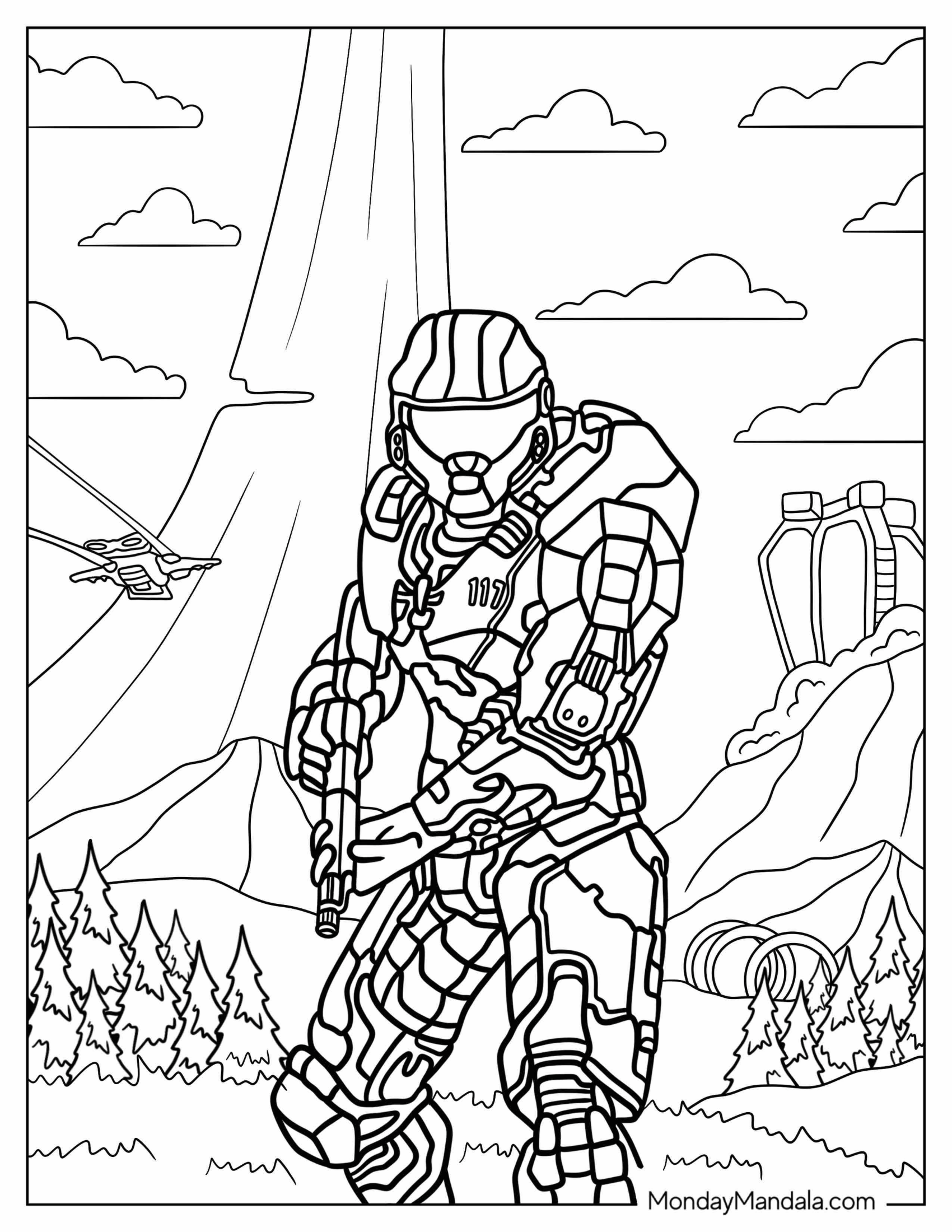 Easy Halo Coloring Page Of Master Chief With Airship In The Sky