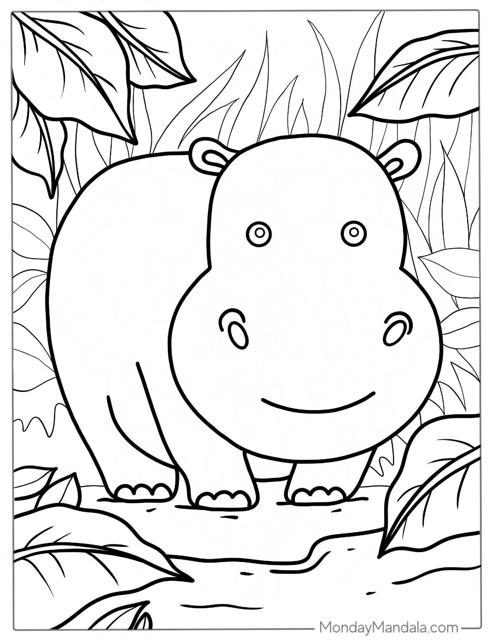 Easy Hippo Coloring Page For Kids