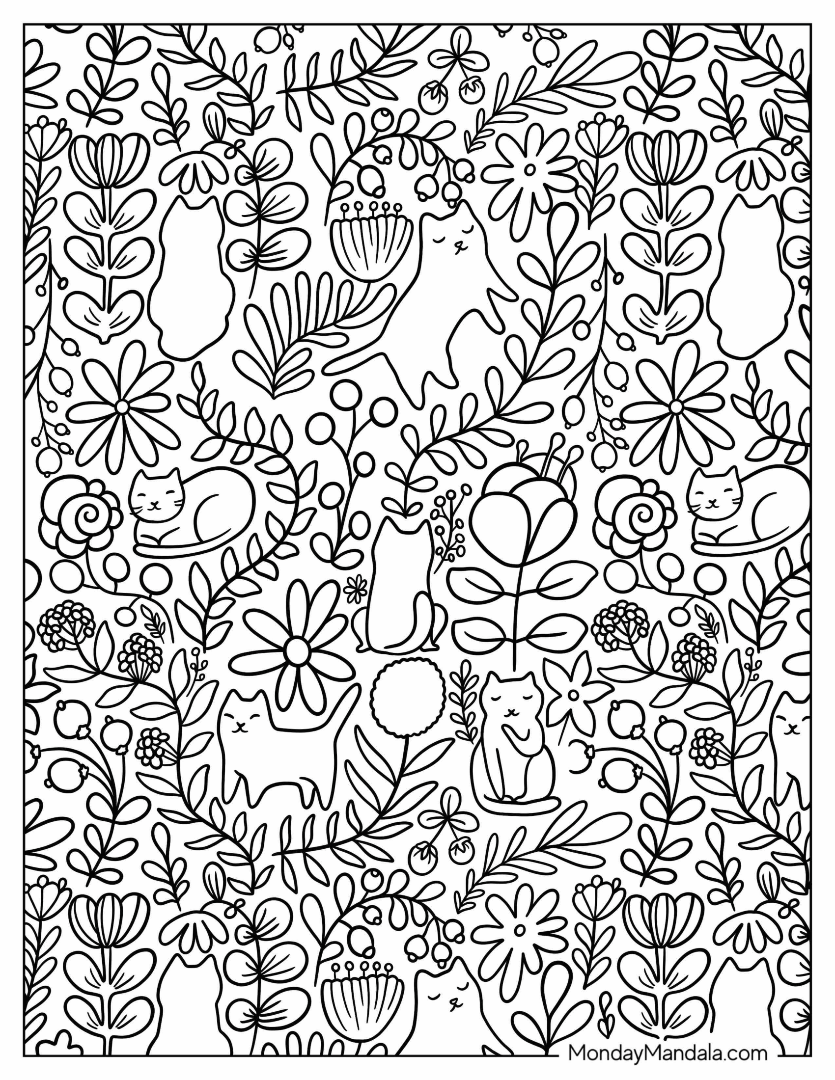 Easy Leaves And Cats Pattern Coloring Page For Kids