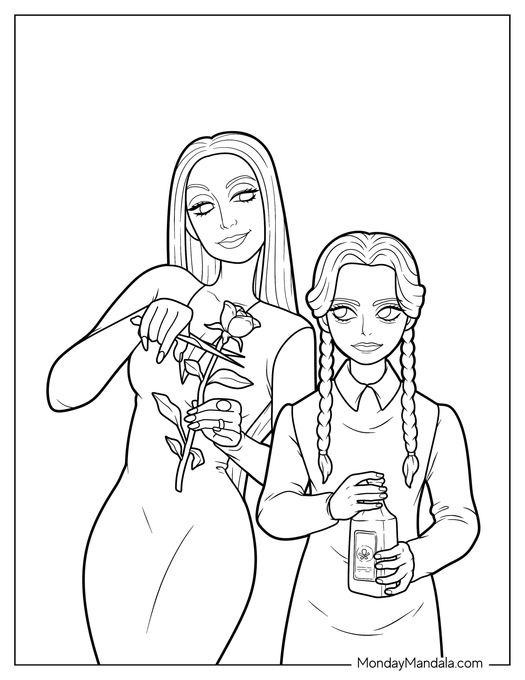 Easy Morticia Addams Holding Rose With Wednesday Coloring Page