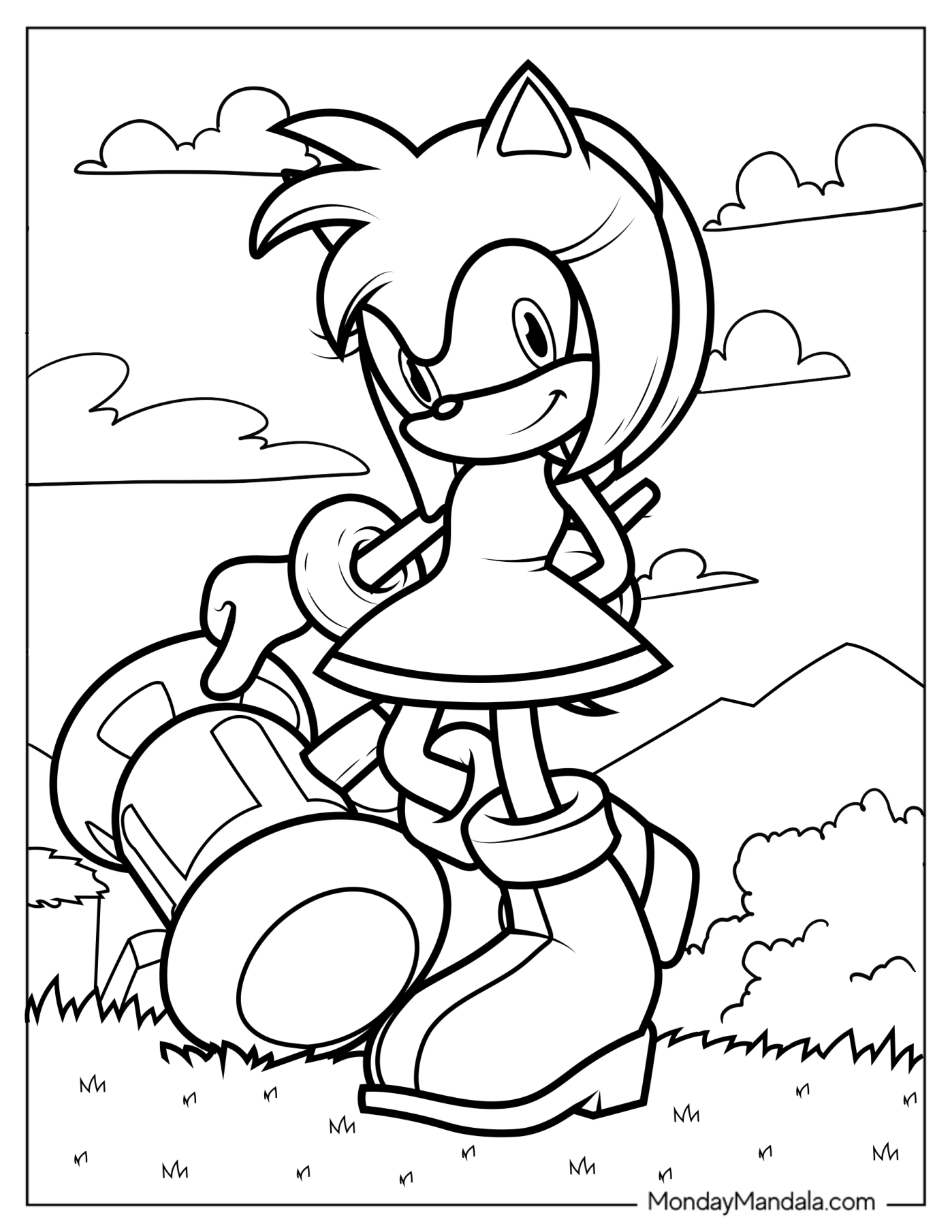 Easy Outline Of Amy Rose Coloring Page With Piko Piko Hammer