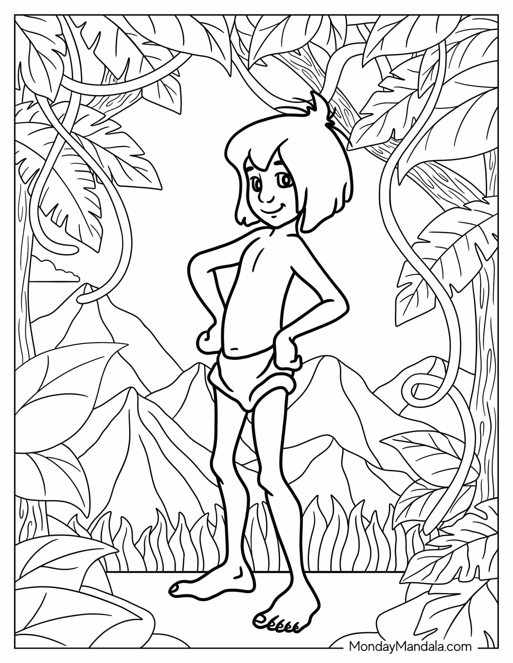 Easy Outline Of Mowgli From Jungle Book Coloring Page