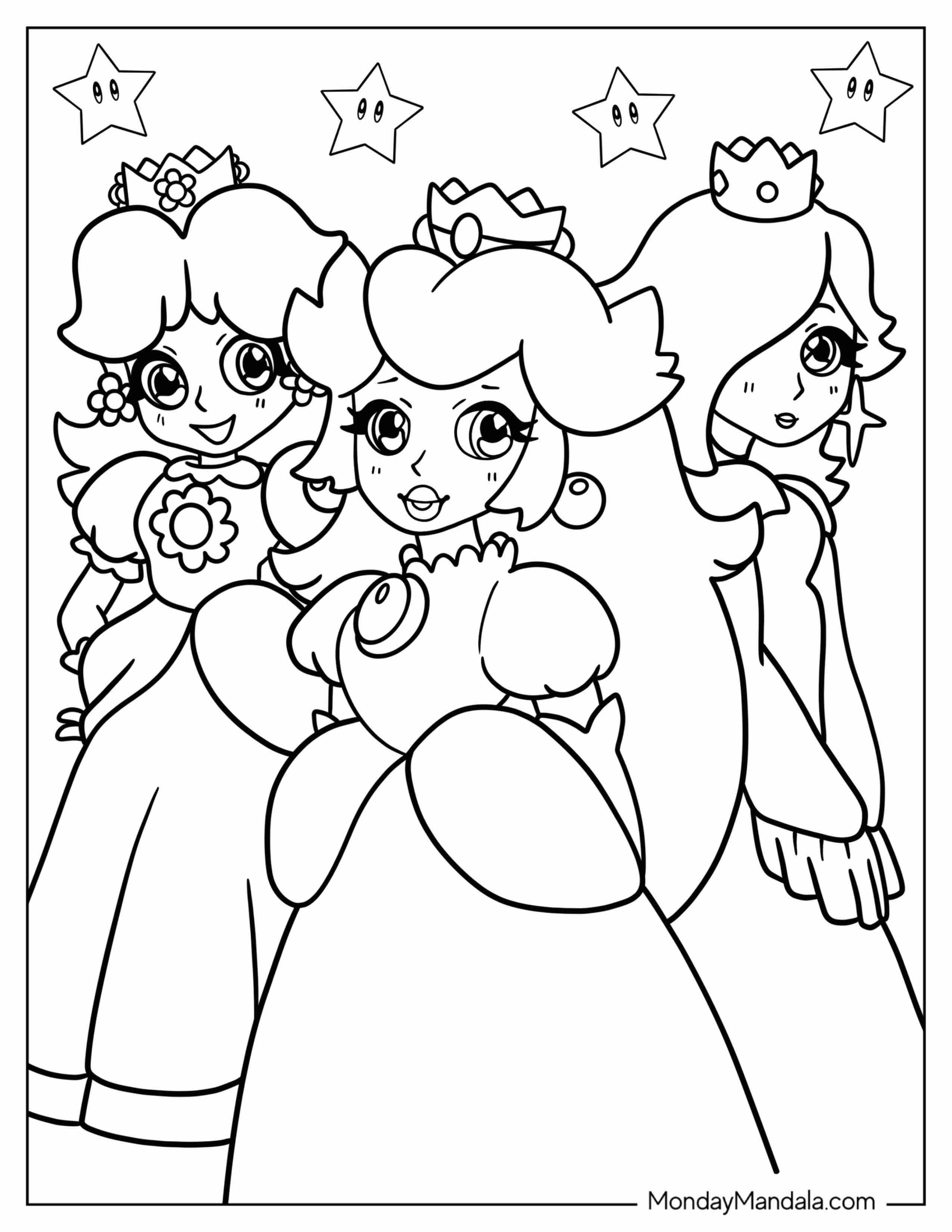 Easy Princess Peach, Rosalina, And Princess Daisy Coloring Page For Kids