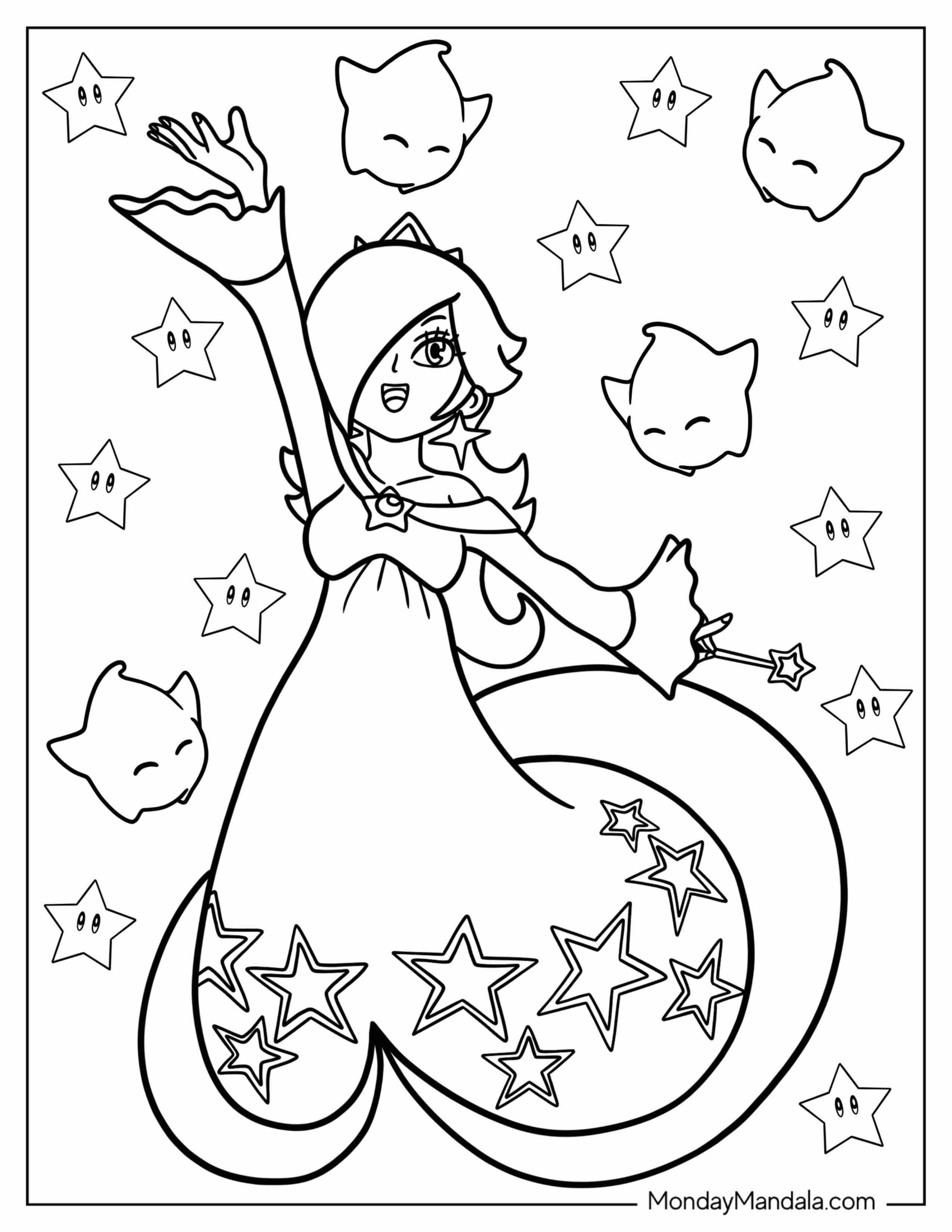 Easy Rosalina Coloring Page With Luma And Stars In Background