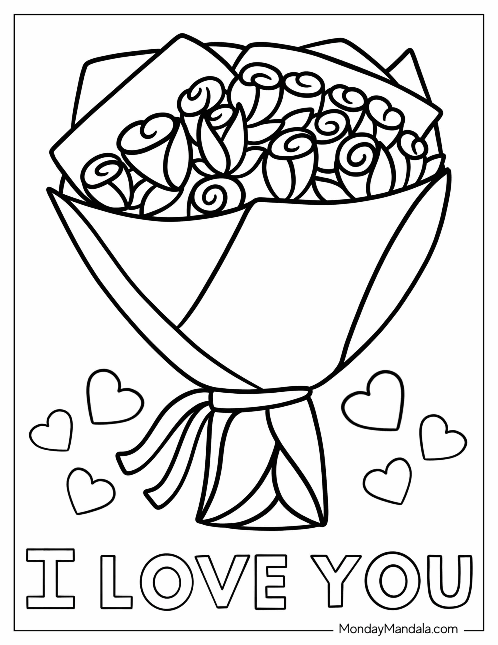 Easy Rose Bouquet I Love You Valentine's Day Coloring Page For Kids