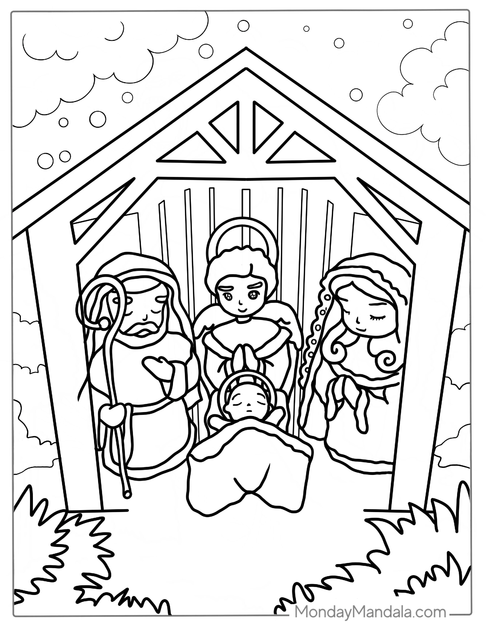 Easy To Color Nativity Scene For Kids