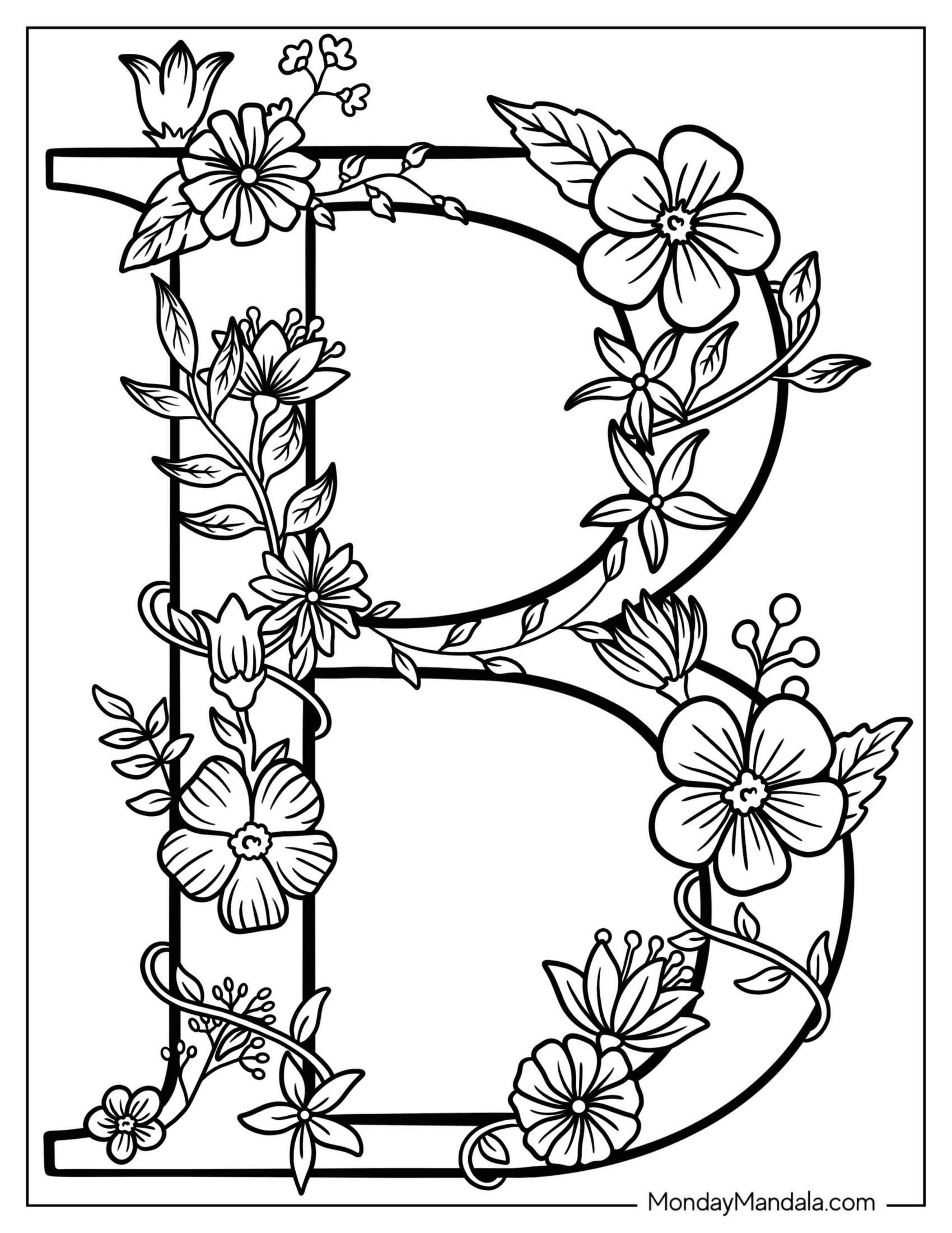 Elegant Uppercase Letter B Coloring Page Covered In Flowers