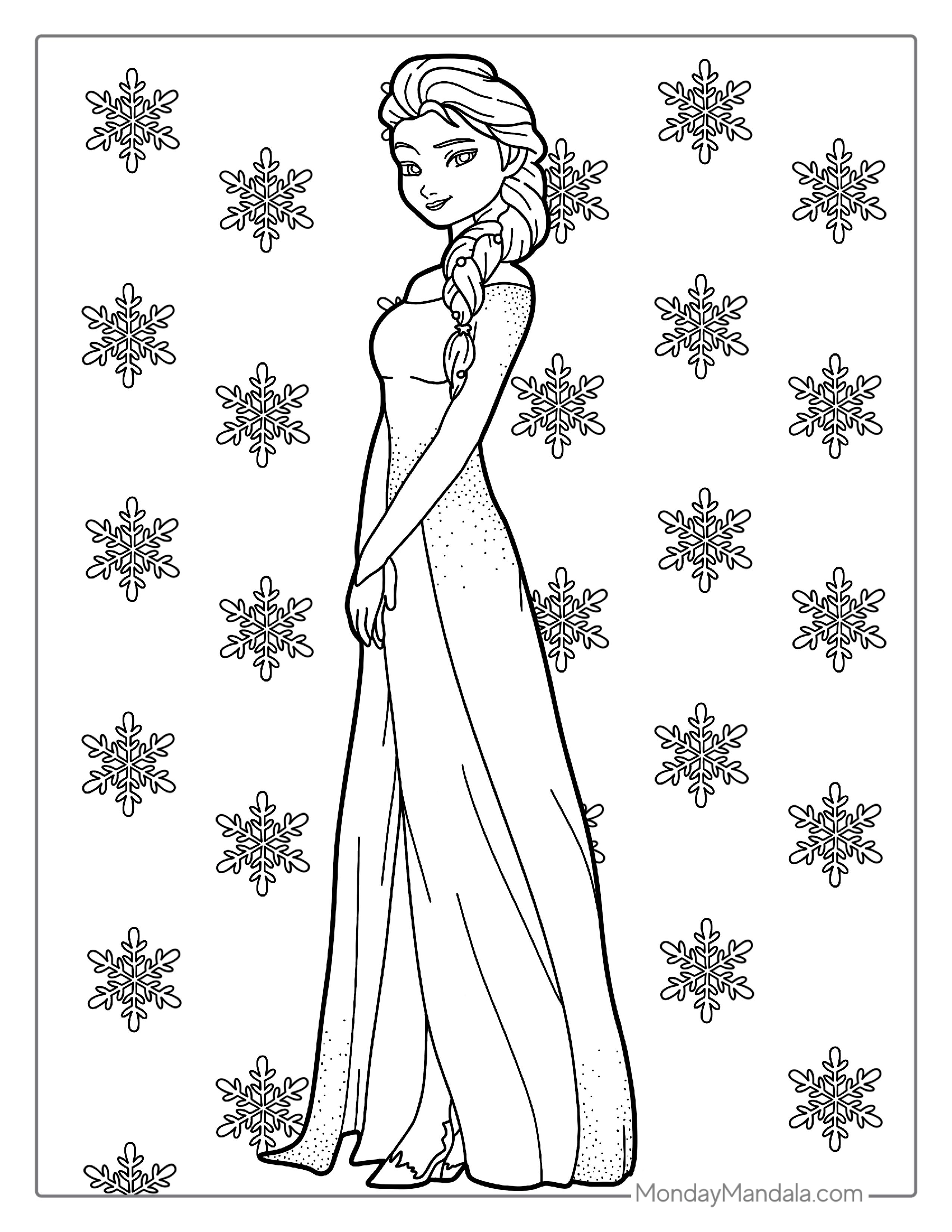 Elsa Stunning Dress With Snowflake Background Coloring Page