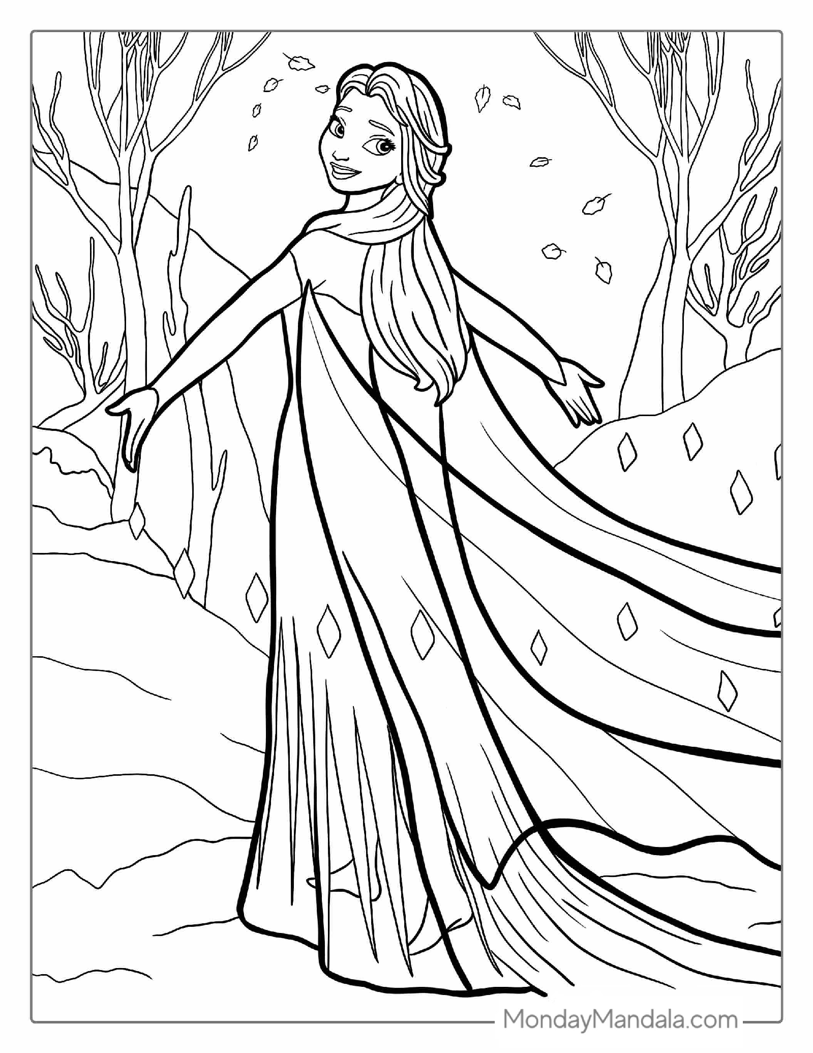 Elsa With Big Swooping Dress To Color