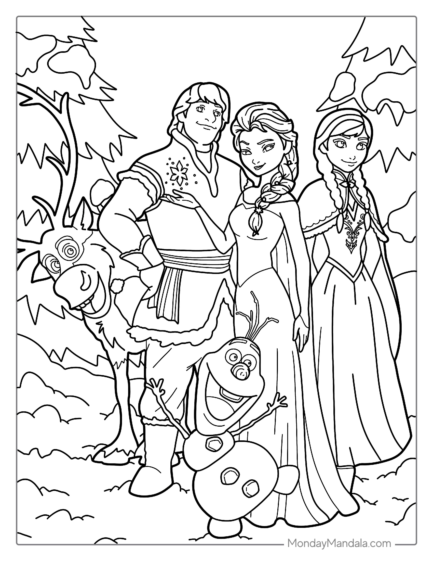 Elsa With Friends From Frozen Coloring Page