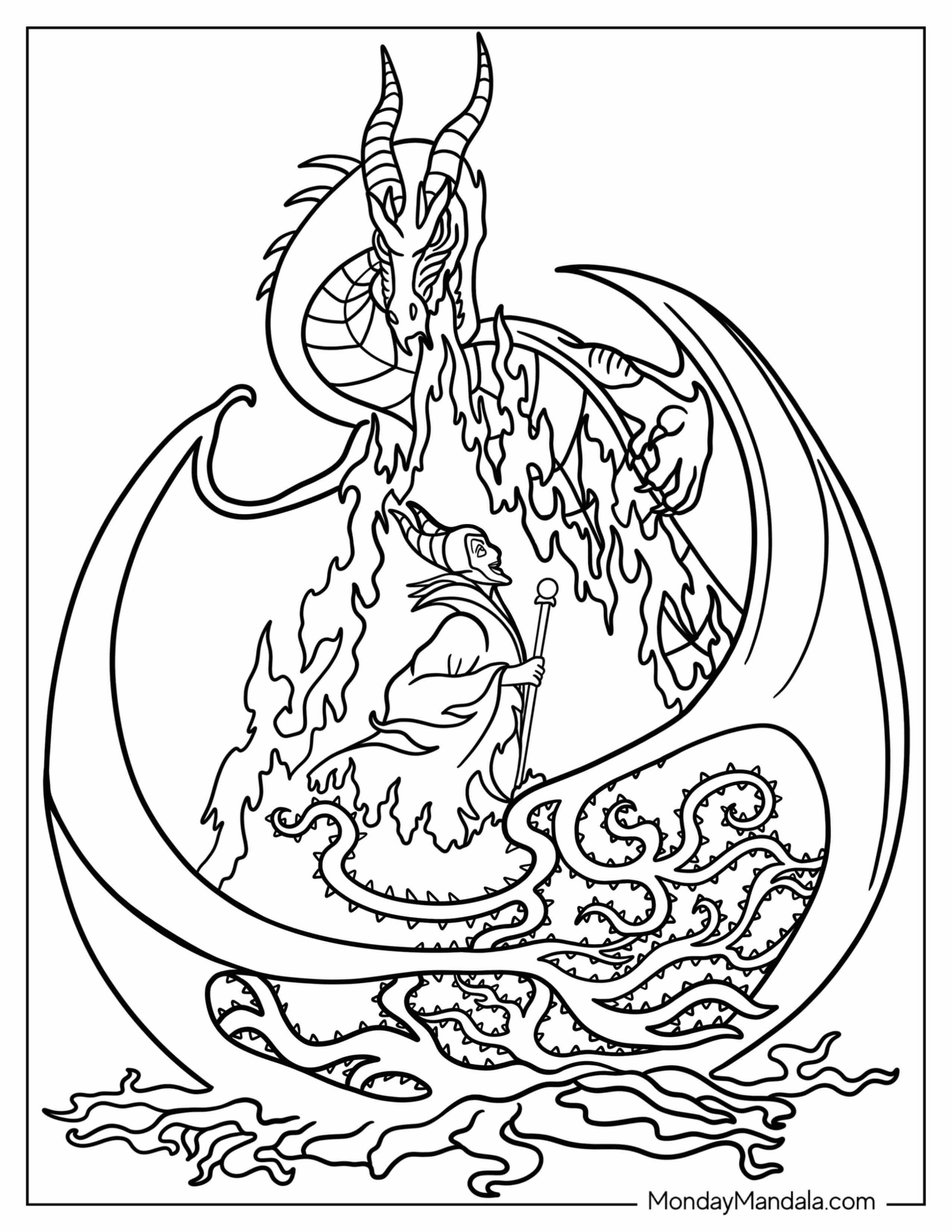 Evil Maleficent Coloring Page With Fire Breathing Dragon And Thorns