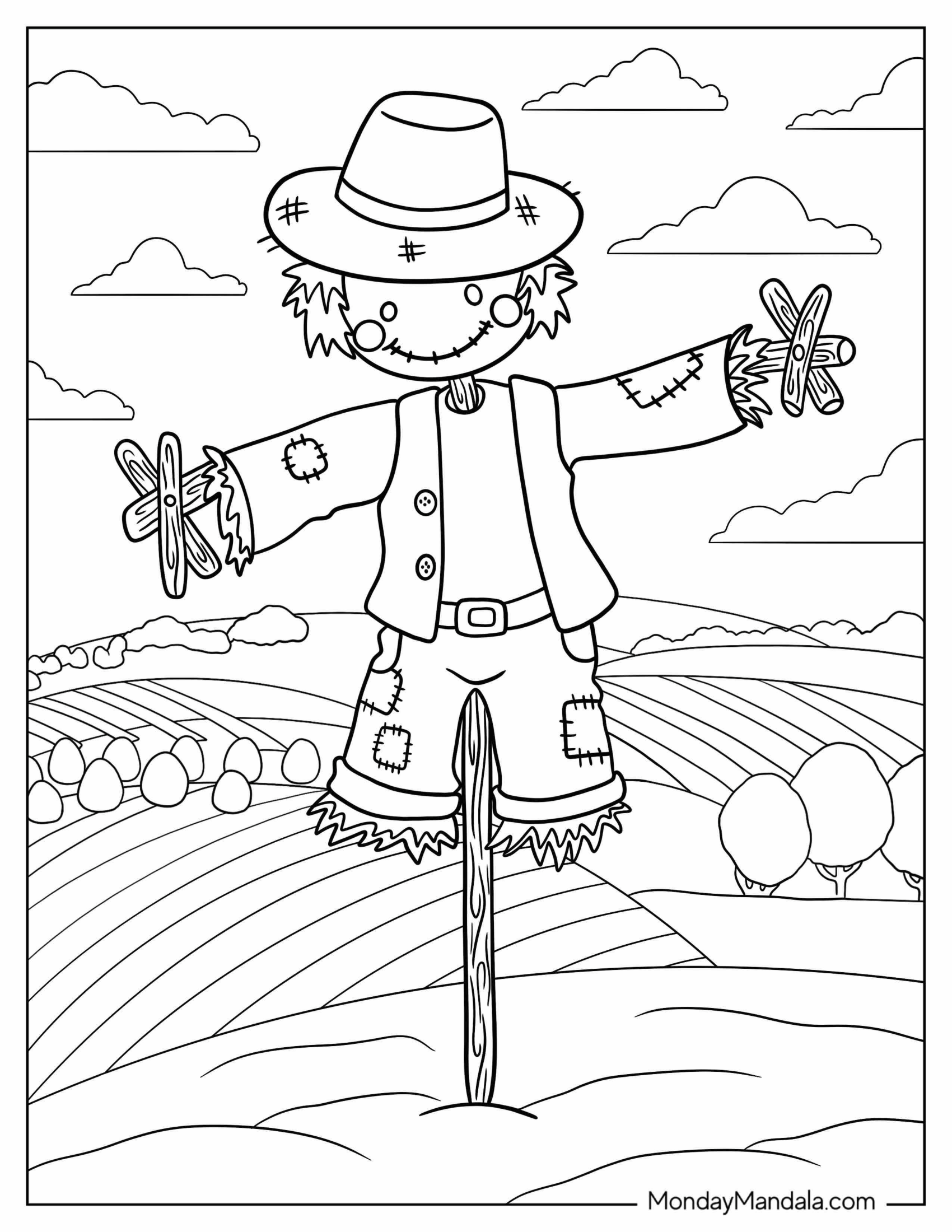 Fall Coloring Page Of Cute Scarecrow With Hat In The Middle Of A Field